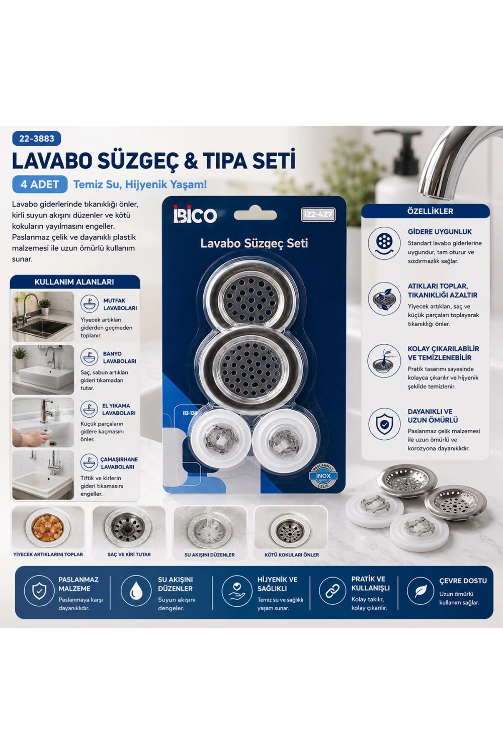 Egonex İbico İ22-427 ( 4pcs ) Lavabo Süzgeç & Tıpa Seti ( 2 Boy Süzgeç & 2 Boy Plastik Tıpa )*12x25