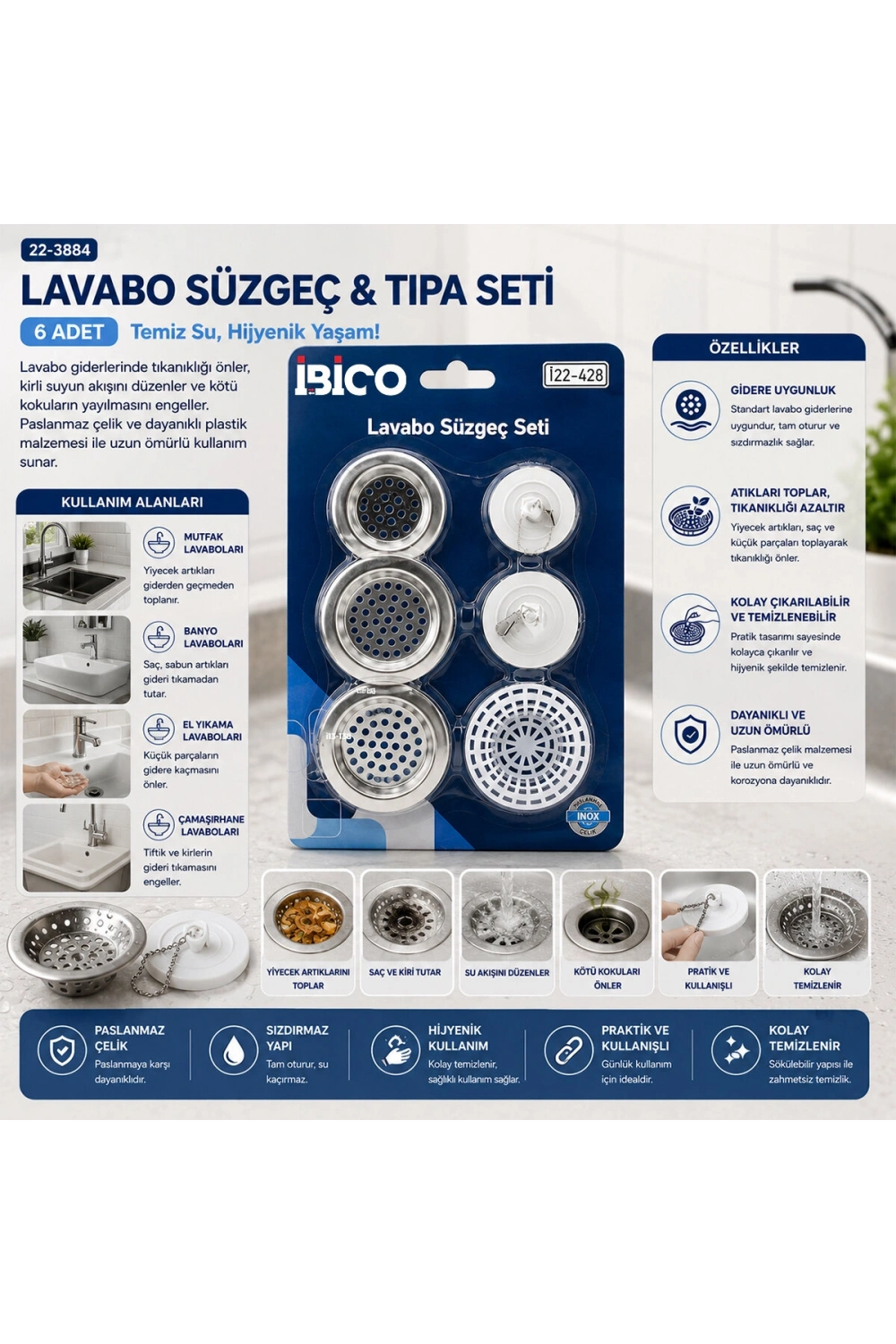 Egonex İbico İ22-428 ( 6pcs ) Lavabo Süzgeç & Tıpa Seti ( 3ad-metal + 1ad-plastik Süzgeç &  2ad-plastik Tıpa )*12x20