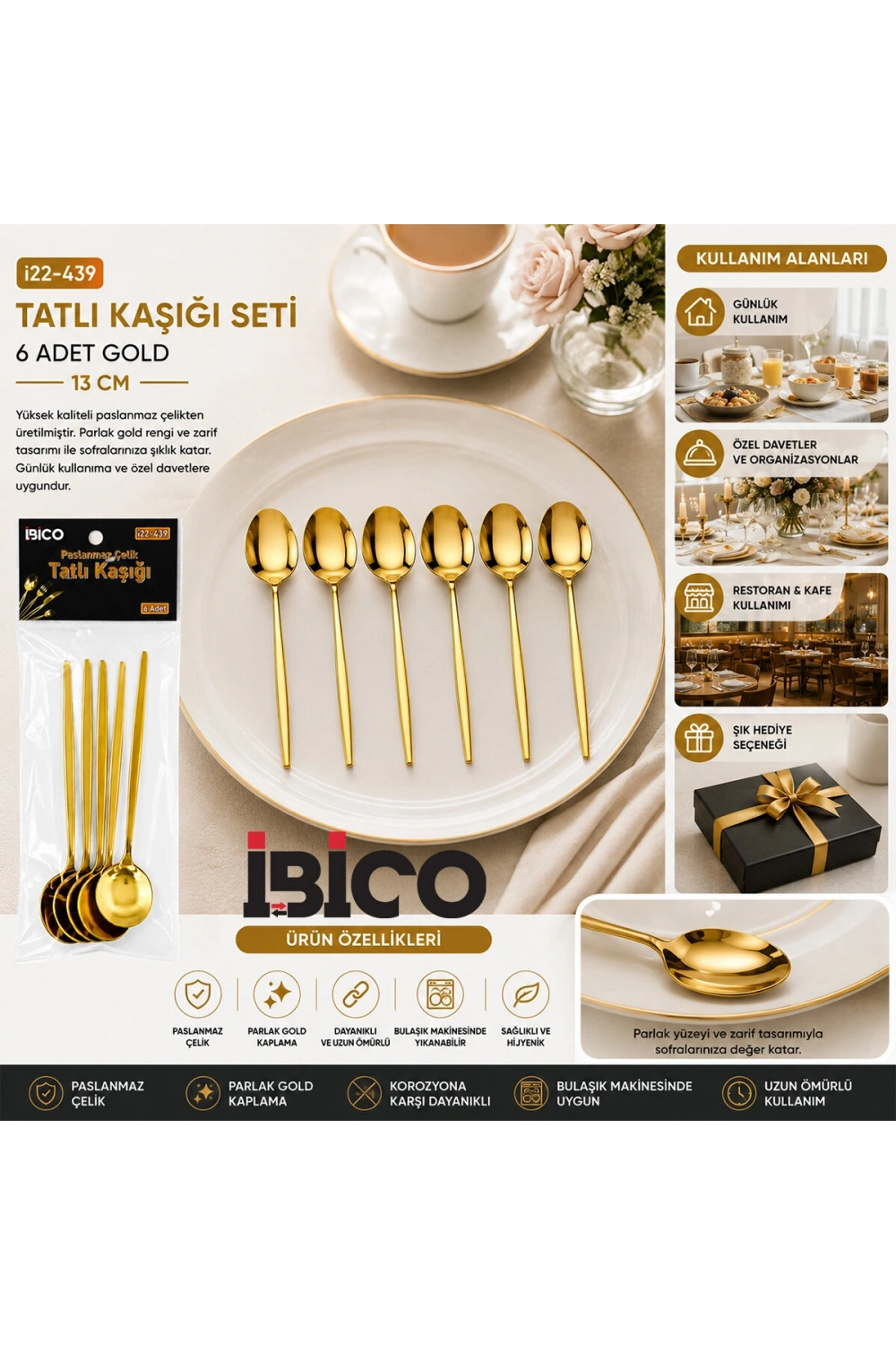 Egonex İbico İ22-439 ( 6pcs ) ( Gold ) Tatlı Kaşık Seti ( 13cm )*10x10