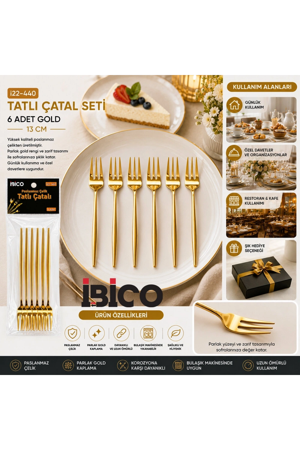 Egonex İbico İ22-440 ( 6pcs ) ( Gold ) Tatlı Çatal Seti ( 13cm )*10x10
