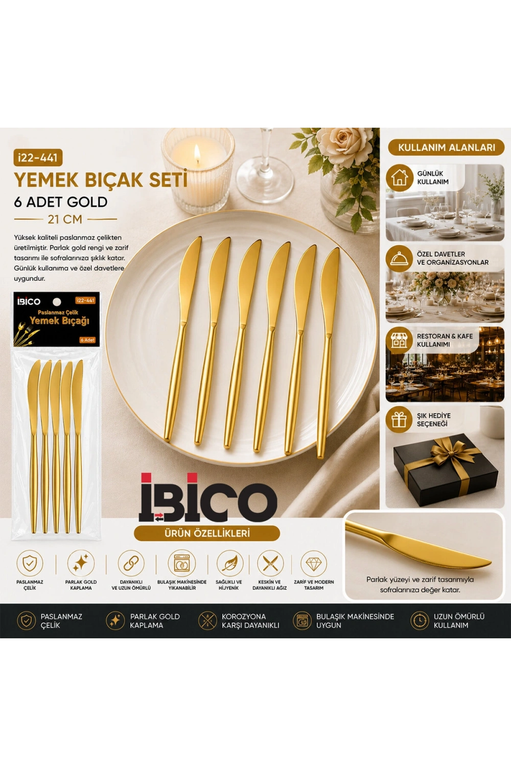 Egonex İbico İ22-441 ( 6pcs ) ( Gold ) Yemek Bıçak Seti ( 21cm )*10x10