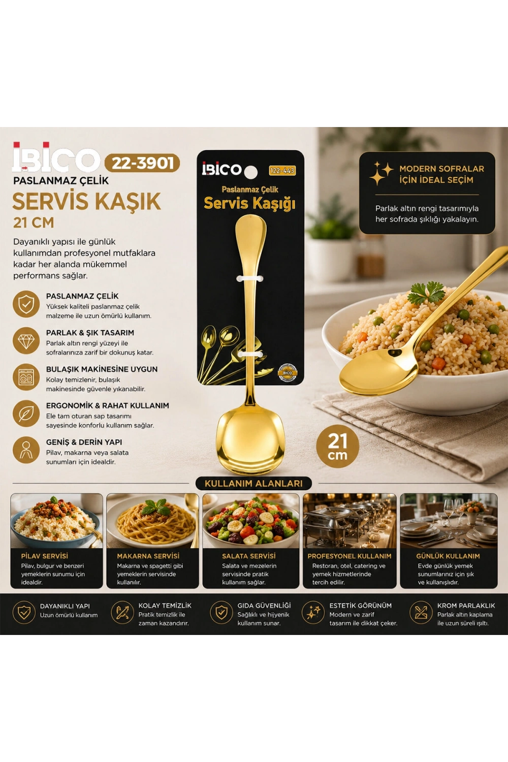 Egonex İbico İ22-443 ( 21cm ) ( Altın & Gold ) ( Metal ) ( Servis Kaşık )*12x10