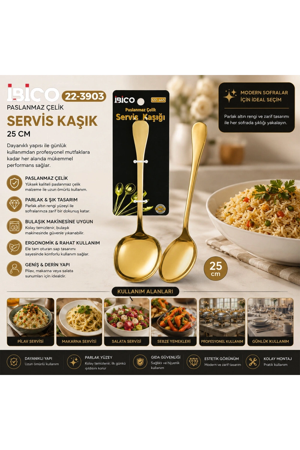 Egonex İbico İ22-445 ( 25cm ) ( Altın & Gold ) ( Metal ) ( Servis Kaşık )*12x10