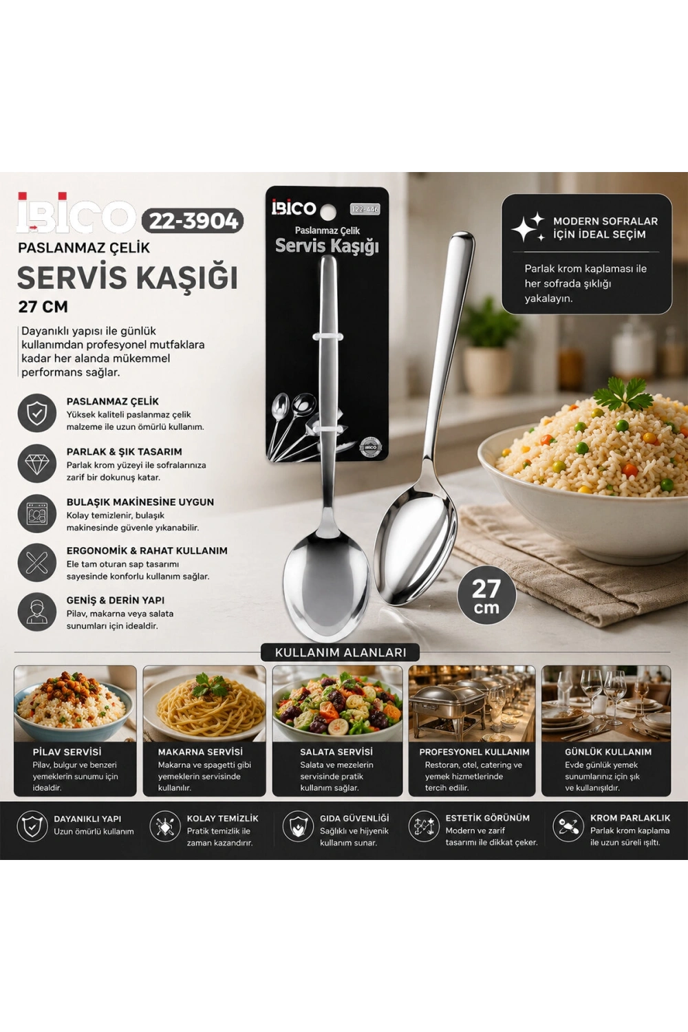 Egonex İbico İ22-446 ( 27cm ) ( Krom ) ( Metal ) ( Servis Kaşık )*12x10