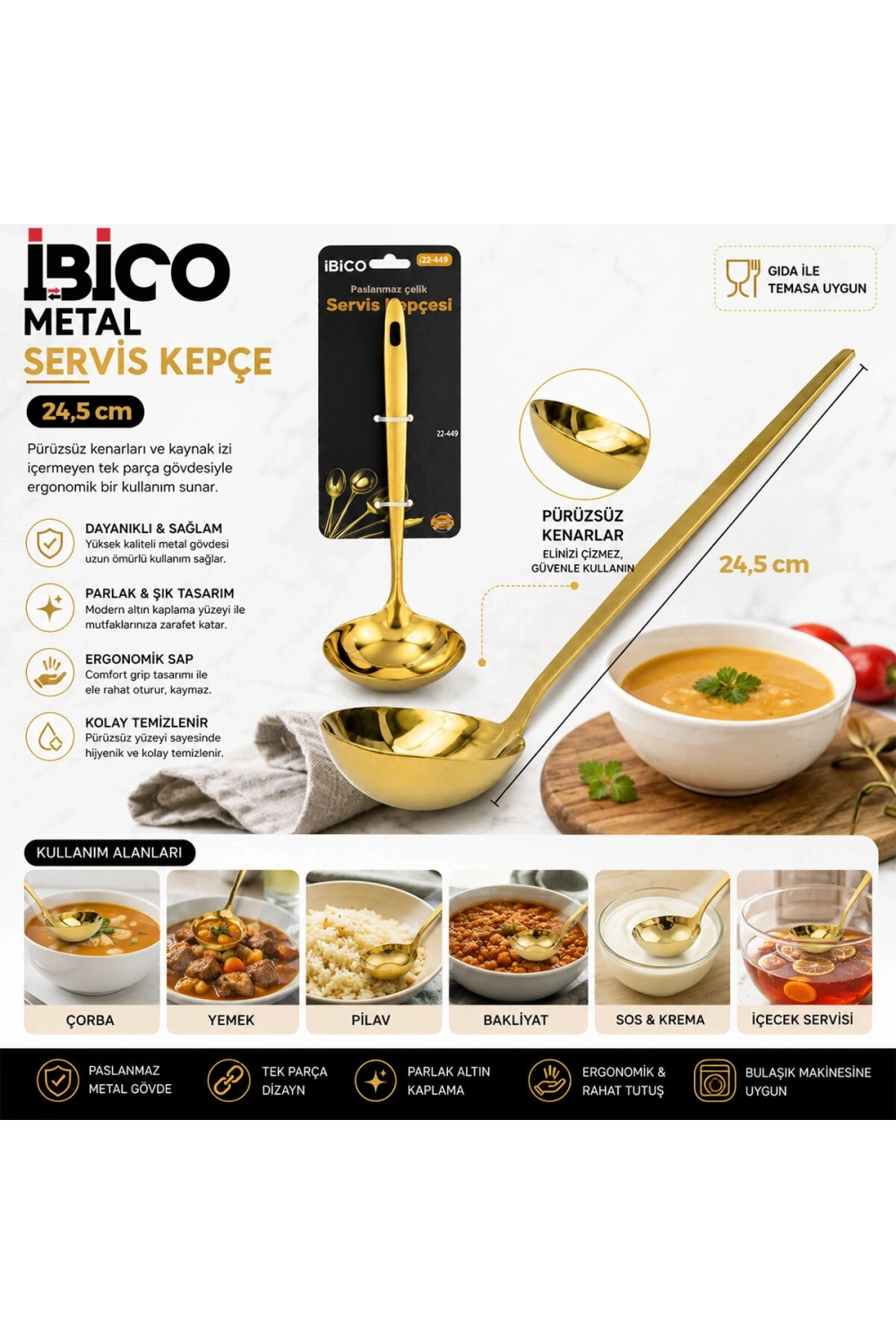 Egonex İbico İ22-449 ( 24.5cm ) ( Altın & Gold ) ( Metal ) ( Servis Kepçe )*12x10
