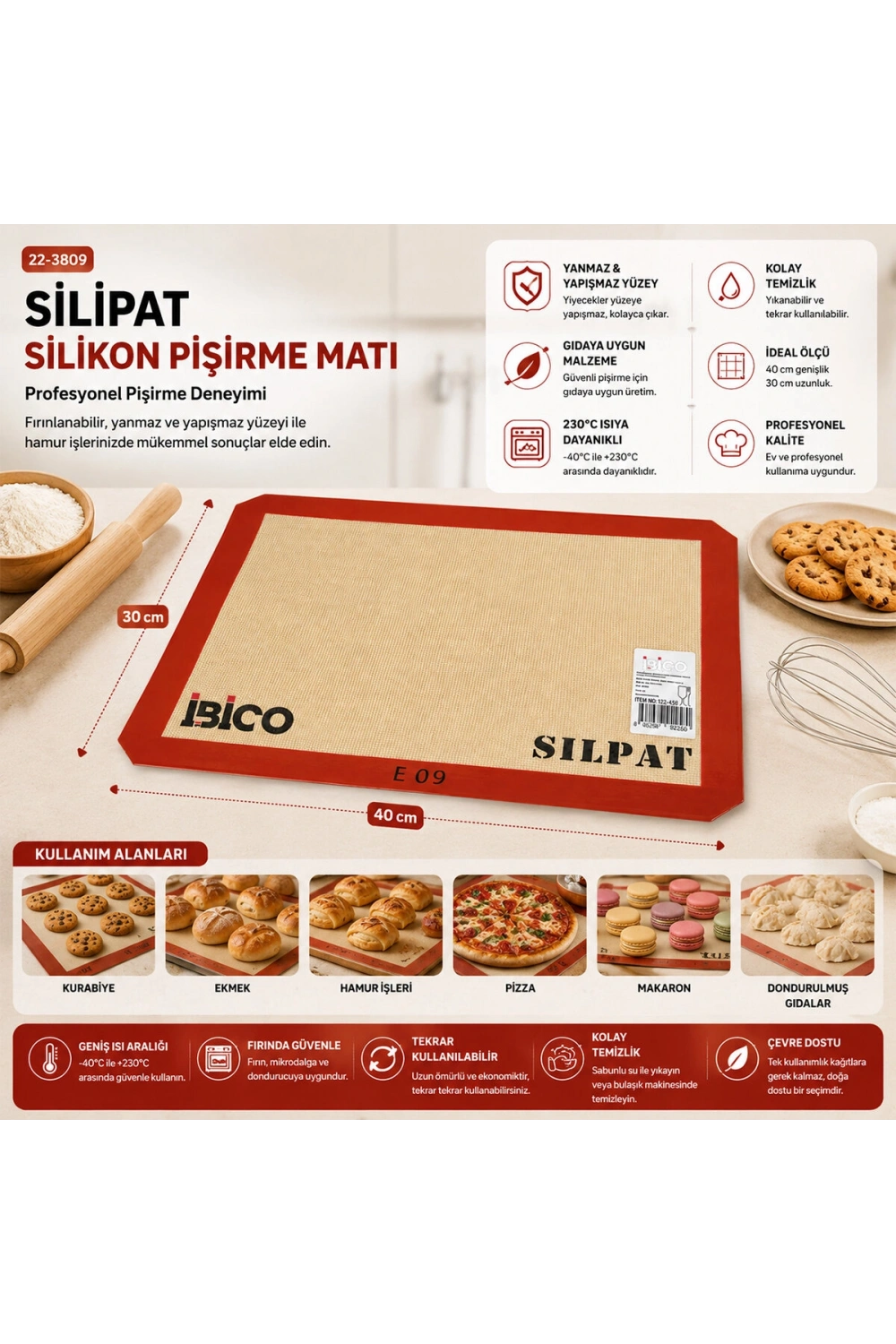 Egonex İbico İ22-458 E-09 ( Silpat ) Fırın Pişirme Matı 30x40cm*200