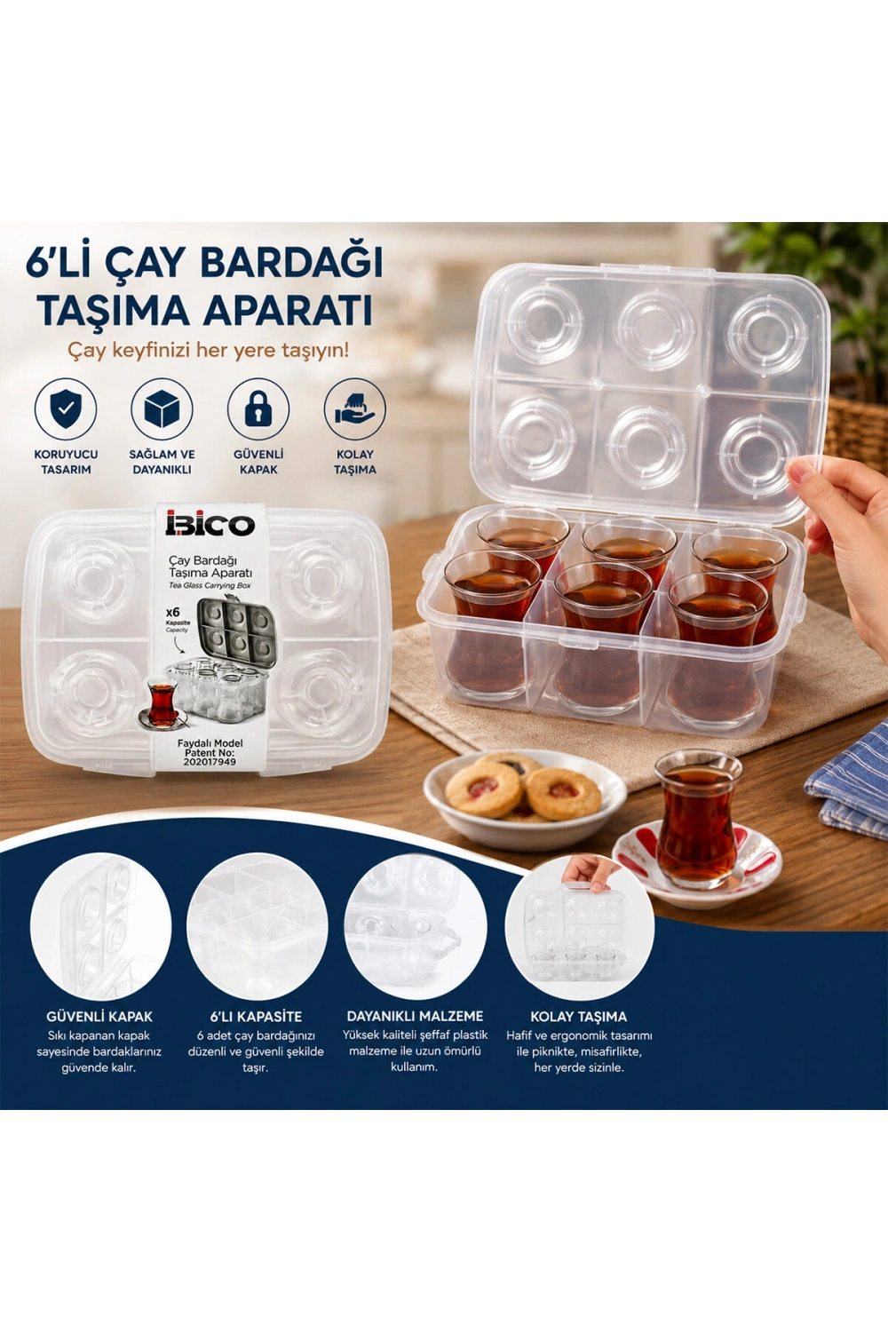 Egonex İbico K17-001 ( 6lı ) ( Çay Bardak ) Taşıma Aparatı ( Şeffaf Plastik )*24=k