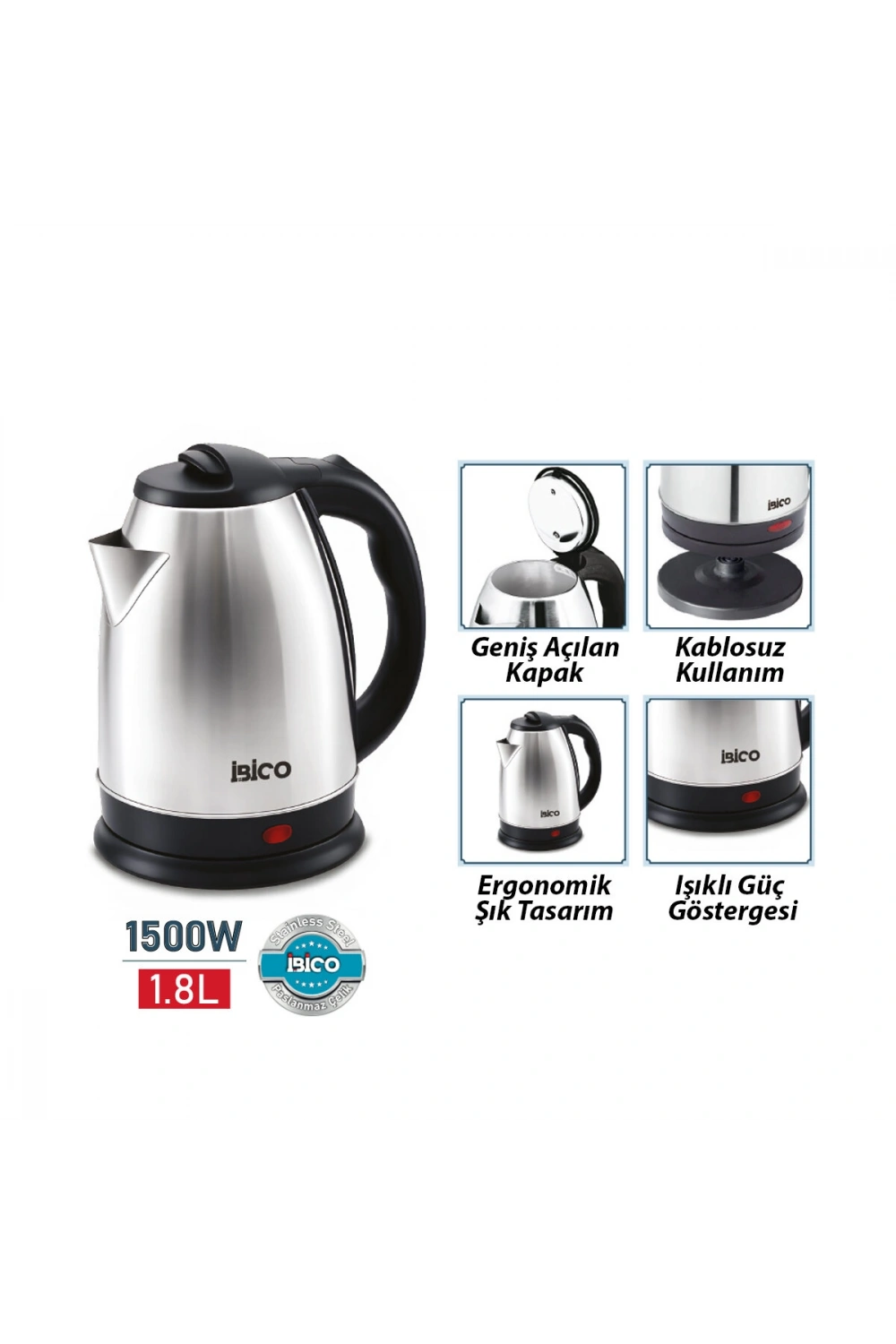 Egonex İbico Mtf-001 ( Çelik ) Kettle Elektrikli Su Isıtıcısı ( Paslanmaz Çelik Gizli Rezistans ) ( 360° ) ( 1.8lt ) ( 1500w )*6
