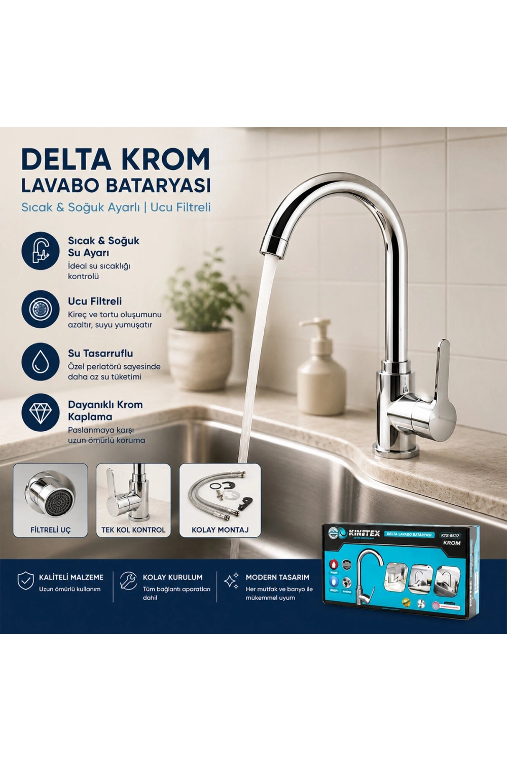 Egonex Kınetex Ktx-2639 ( Krom ) Delta Lavabo Bataryası ( Aç Kapa)*12