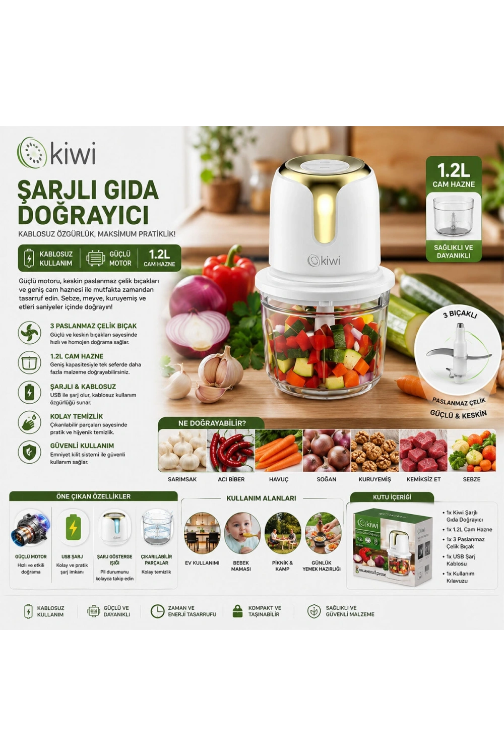 Egonex Kiwi Kc-8221 ( Usb To Type-c Şarjlı Mini ) ( 3 Bıçaklı ) Gold Blender Rondo Gıda Doğrayıcı ( 1.2lt=mika Kristal Hazne )*6