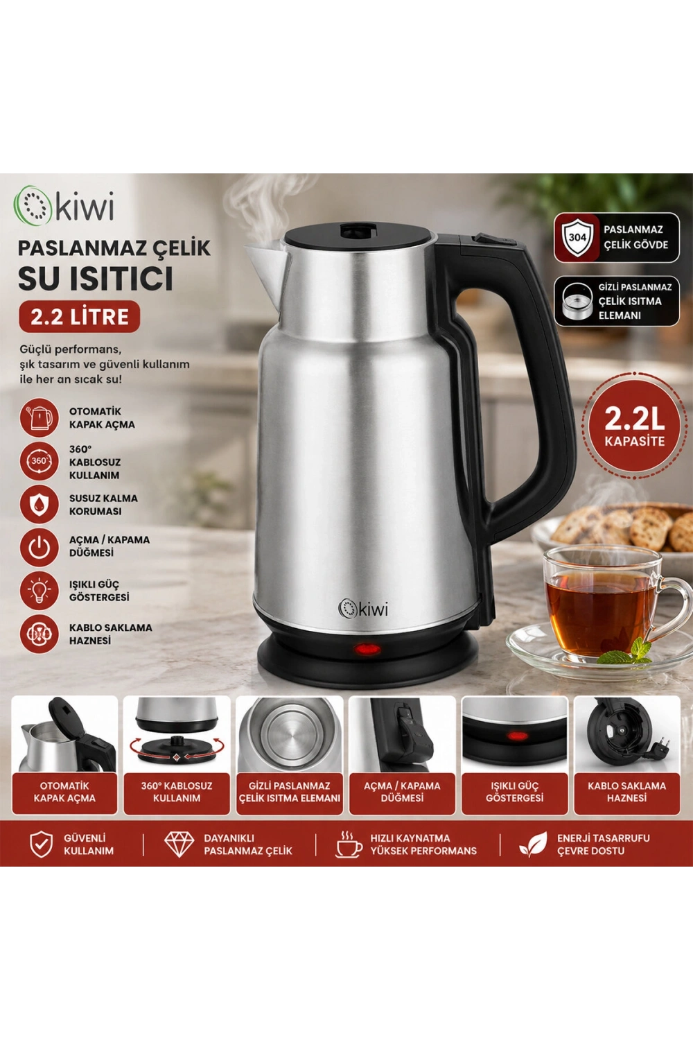 Egonex Kiwi Kk-3334 ( Çelik & Sürahi Model ) Kettle Elektrikli Su Isıtıcısı ( Paslanmaz Çelik Gizli Rezistans ) ( 360° ) ( 2.2lt ) ( 1500w )*12