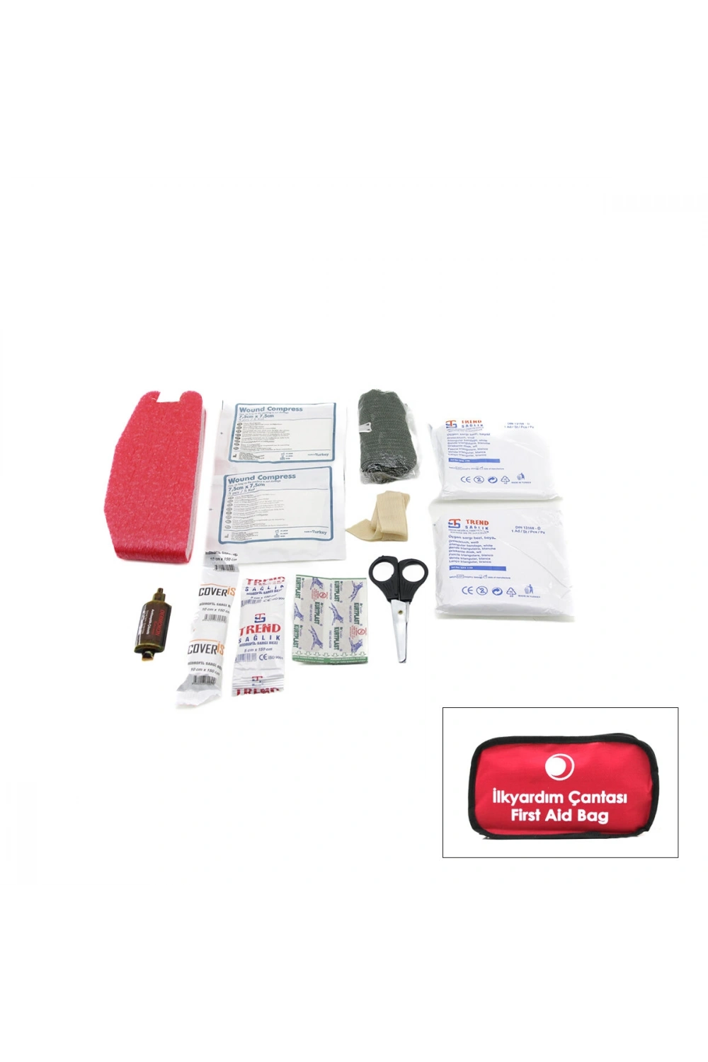 Egonex Krt-1089 (polyester Çantalı) İlk Yardım Seti (17pcs=2-gazlı-2-üçgen-3-hidrofil-1-elastik Bez& 5-yara Bandı& Baticonol& Makas& Boyun Korse& Çanta)*75