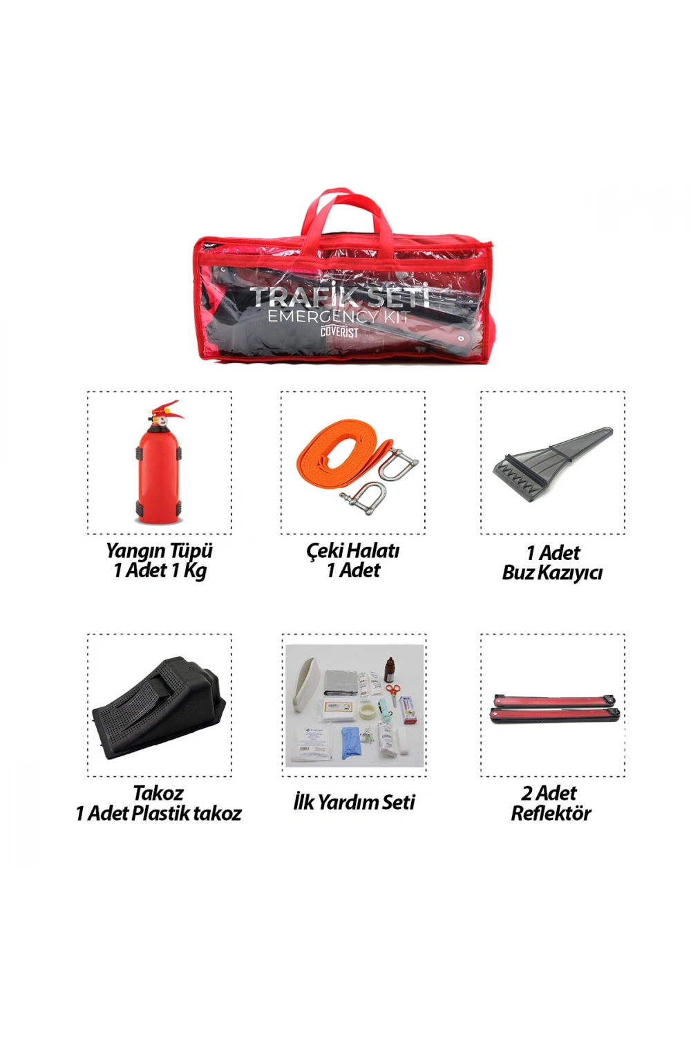 Egonex Krt-1102 ( 2li Set ) ( 4 Gen Çanta ) ( 7pcs + 38pcs ) ( Oto Trafik Seti + İlk Yardım Seti ) (yangın Tüpü=1kg) (2pcs Reflektör) (bez Kemer Çekme Halat=2.9mt) (araç Takoz) (buz Kazıma) (set Çantası)*10