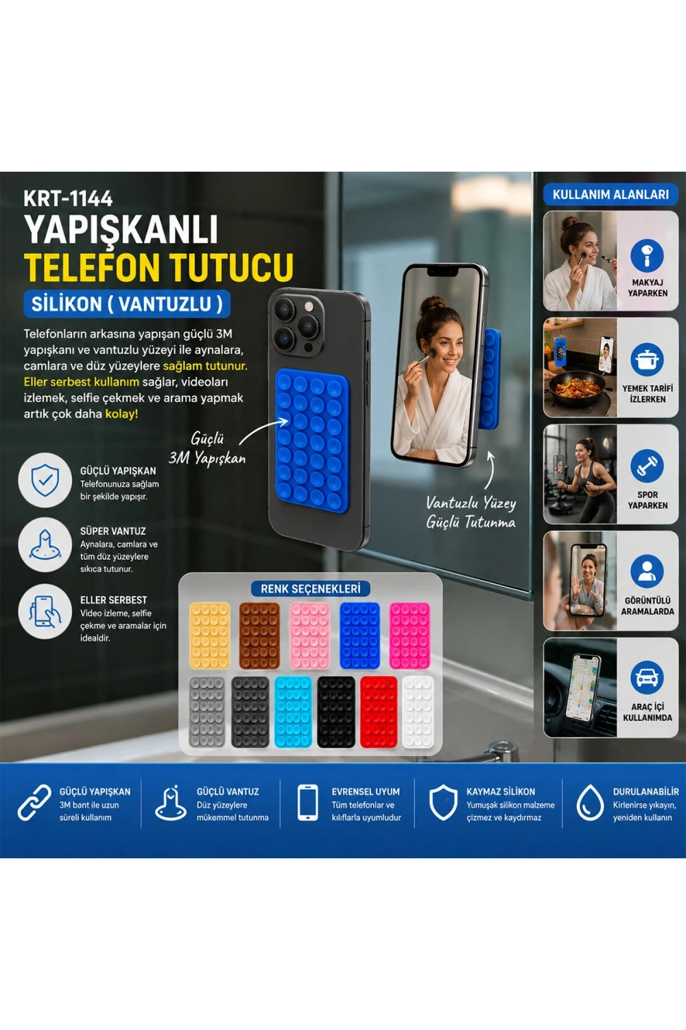 Egonex Krt-1144 Yapışkanlı Telefon Tutucu Renkli Silikon ( Vantuzlu )*50x40