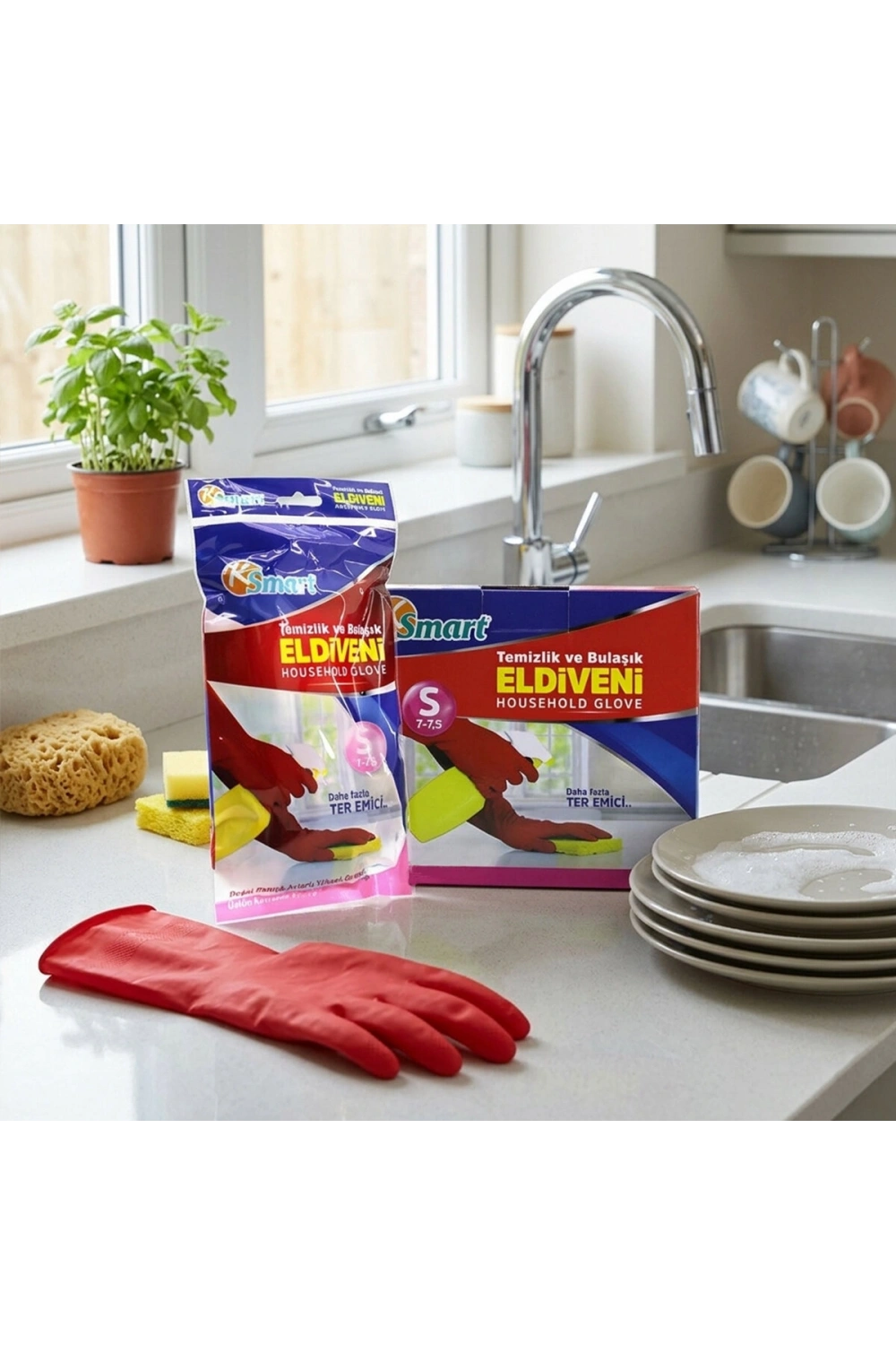 Egonex KSMART K-1278 ( S ) ( NO-7-7.5 ) ( PLASTİK ) TEMİZLİK & BULAŞIK ELDİVENİ ( DOĞAL PAMUK ASTARLI ) ( YÜKSEK DİRENÇLİ )*30X10