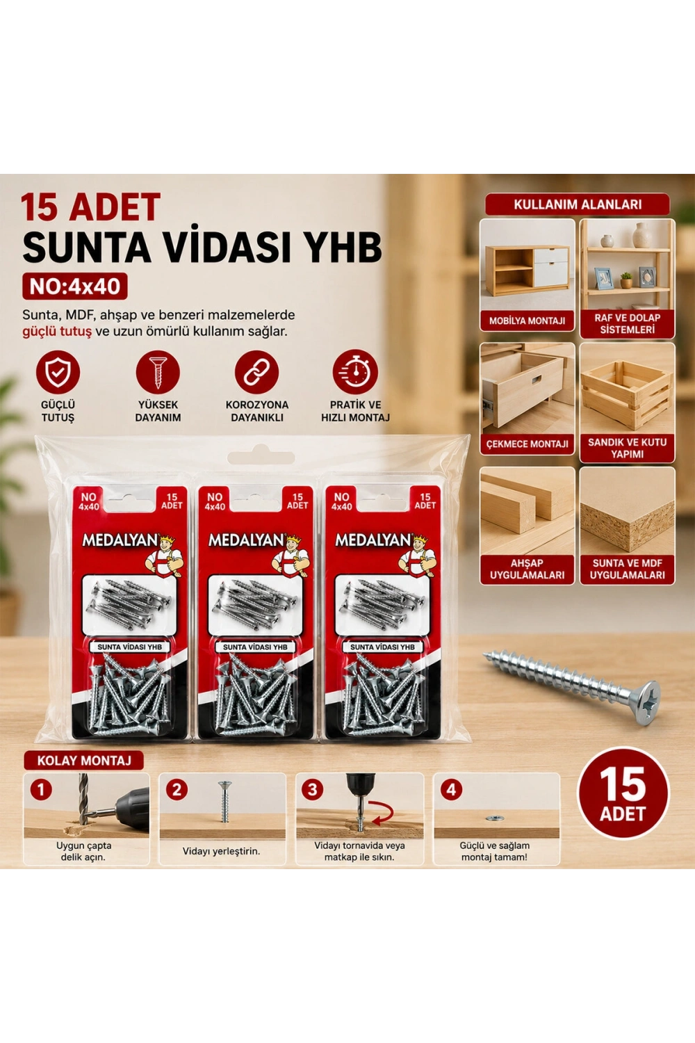 Egonex Medalyan Dl-06 ( 4x40 ) ( 15pcs ) Sunta Vidası*12x10