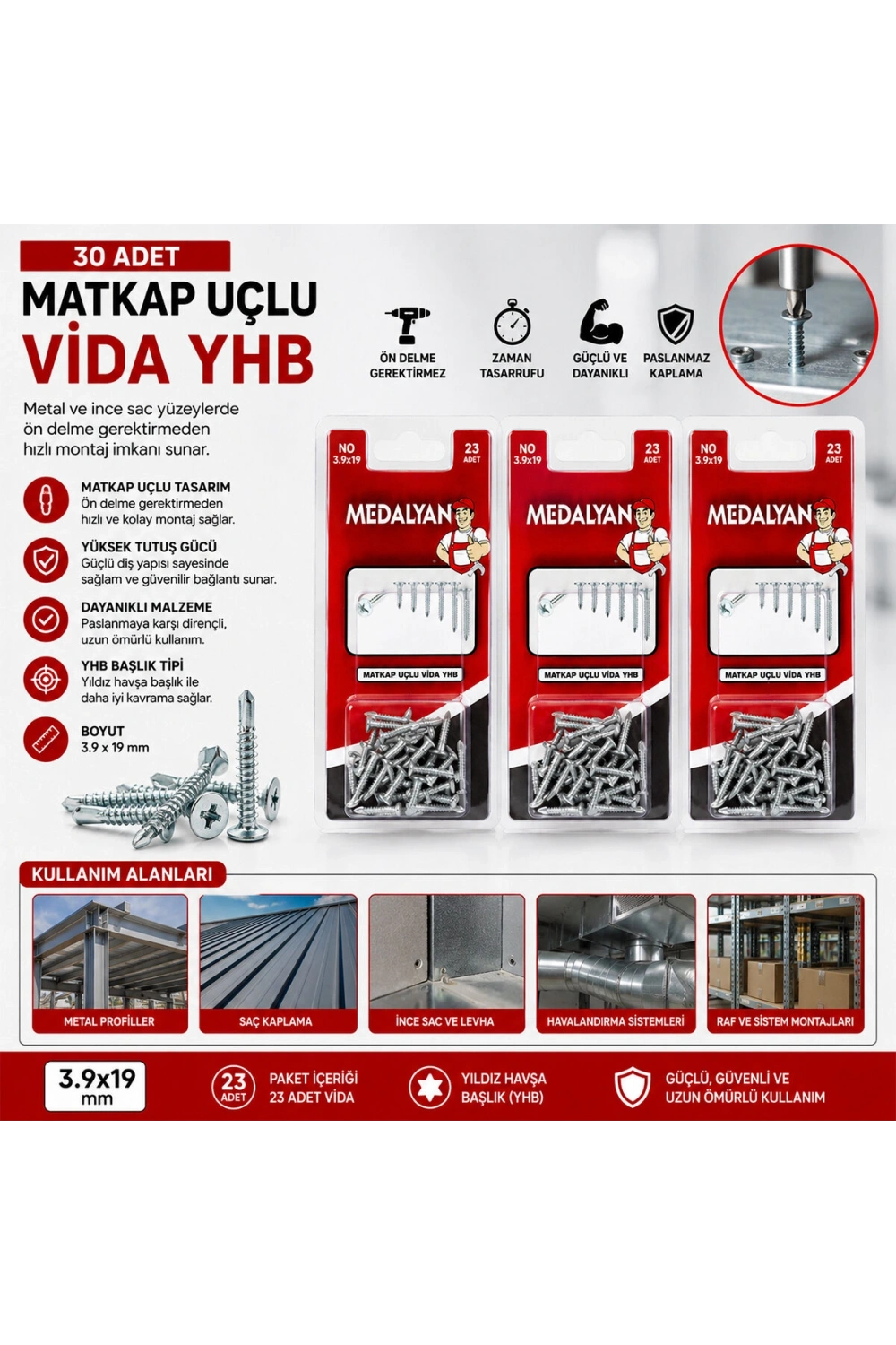 Egonex Medalyan Dl-100 ( 3.9x19 ) ( 30pcs ) Matkap Uçlu Vida*12x12