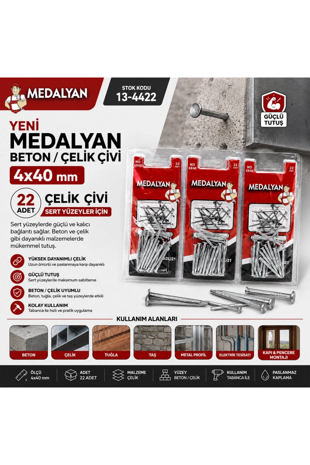 Egonex Medalyan Dl-21 ( 4x40 ) ( 22pcs ) ( Beton ) Çelik Çivi*12x12