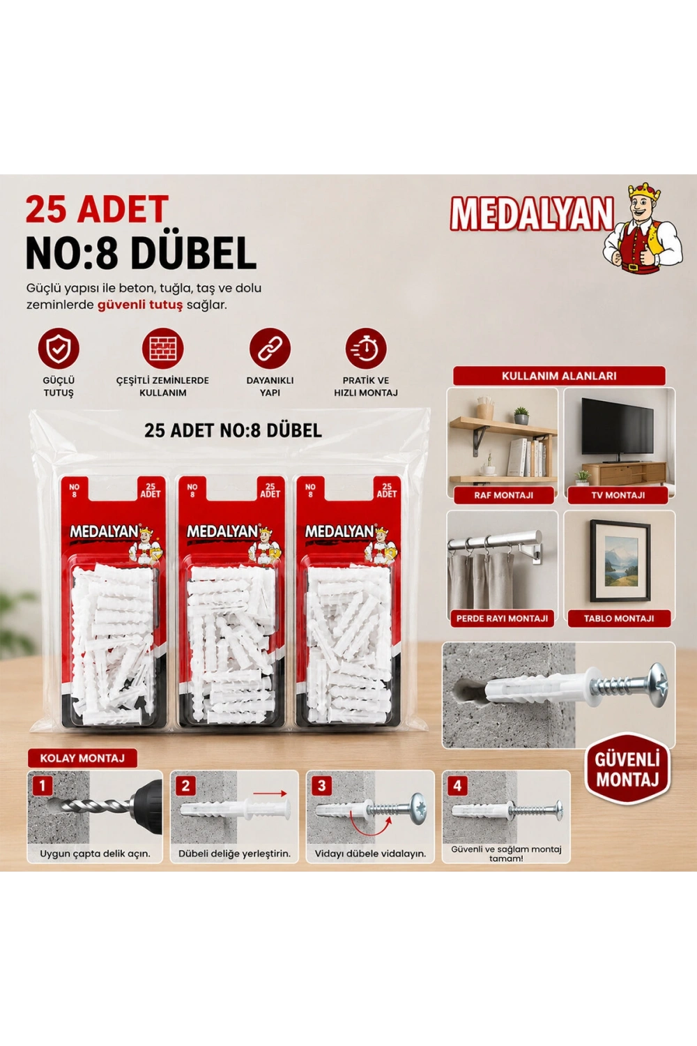 Egonex Medalyan Dl-47 ( No-8 ) ( 25pcs ) Dübel Beyaz & Plastik*12x9