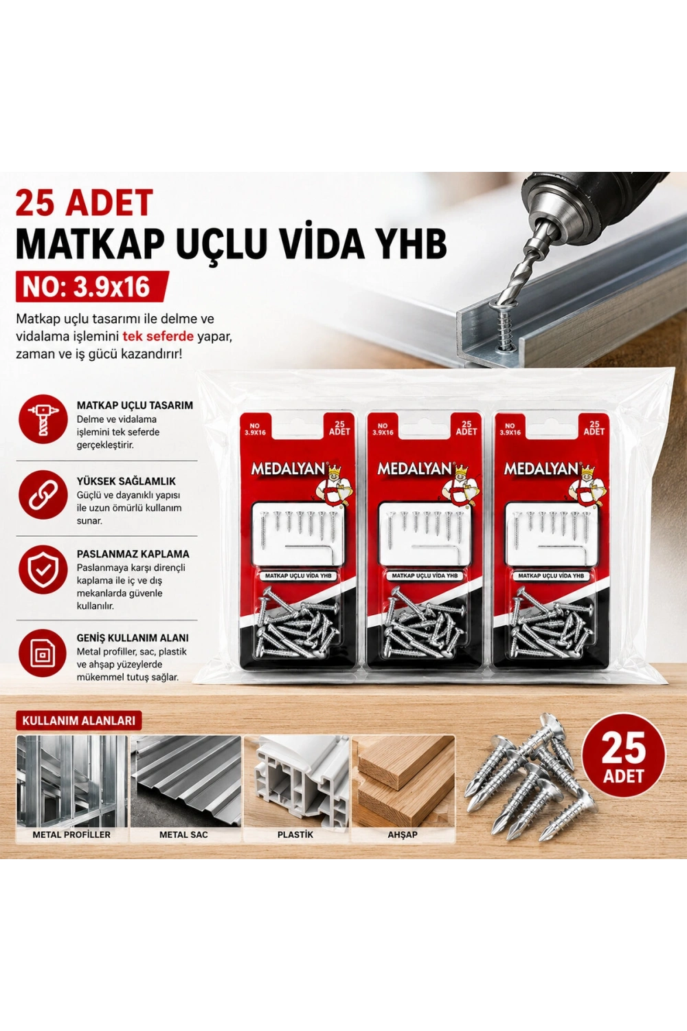 Egonex Medalyan Dl-99 ( 3.9x16 ) ( 25pcs ) Matkap Uçlu Vida*12x10