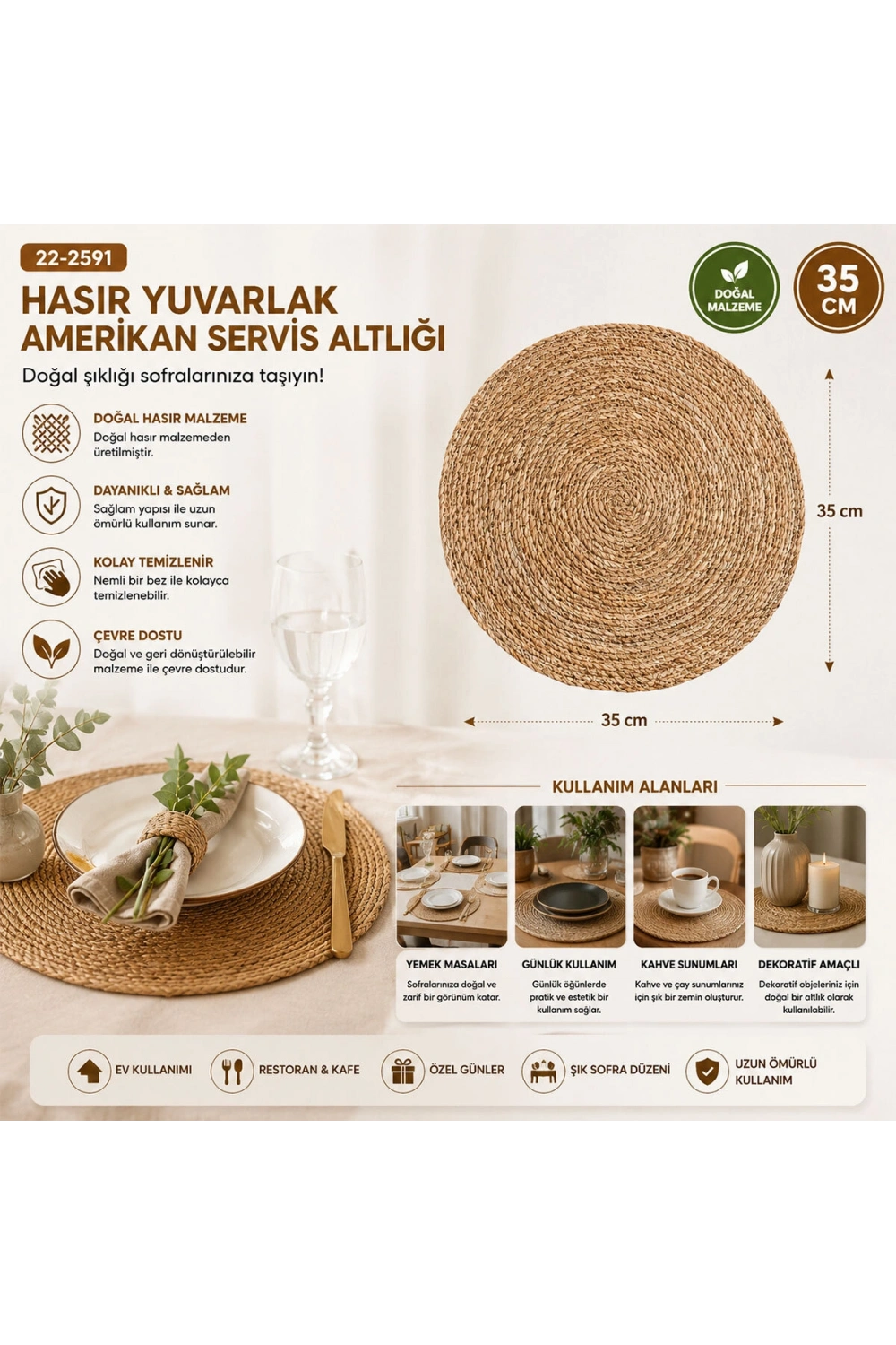 Egonex Mir-1538 ( Hasır ) ( 35cm ) ( Yuvarlak ) Amerikan Servis Altı  & Supla Altlık*85