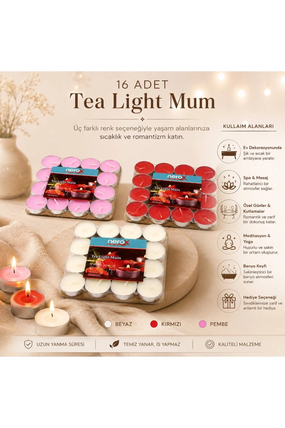 Egonex Nerox Nrx-38r ( 16pcs ) ( Renkli ) ( Yuvarlak ) Tea Light Mum*96