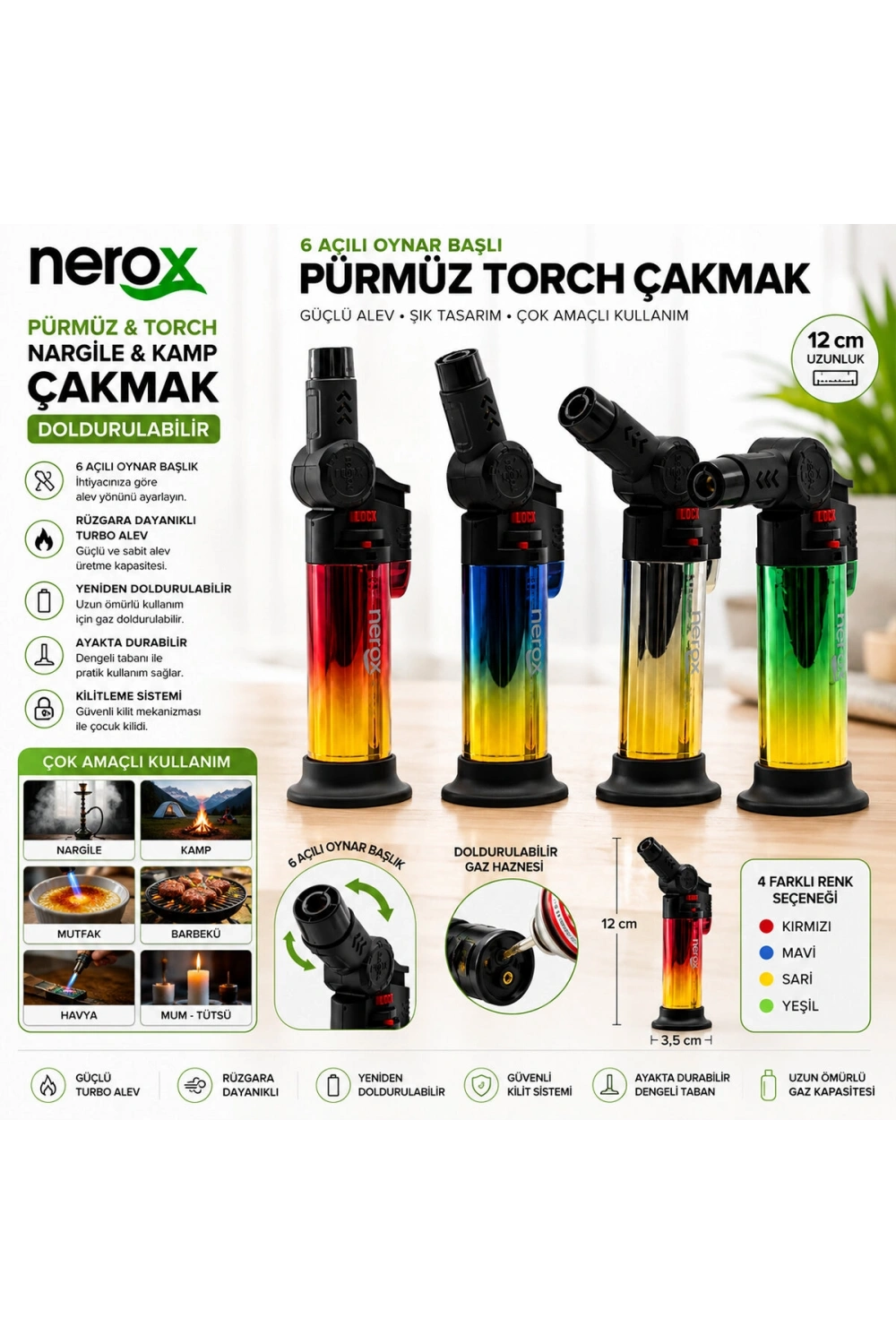 Egonex Nerox Nrx-9305 ( Metalize ) ( Oynar Başlı ) ( Pürmüz & Torch ) ( Nargile & Kamp ) Çakmak ( Doldurulabilir ) ( Ayakda Durabilir )*12x12