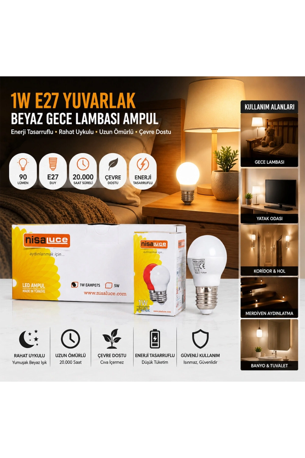 Egonex Nisaluce ( 1w ) ( E27 ) ( Beyaz ) Yuvarlak Gece Lambası Led Ampul*10x10