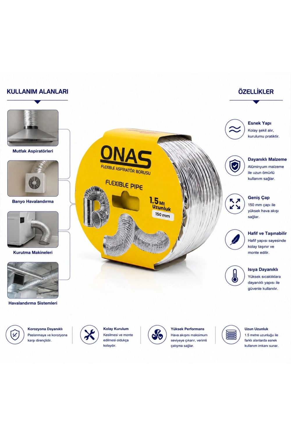 Egonex Onas Flexıble Pıpe Aspiratör Borusu 150mmx1.5mt*72
