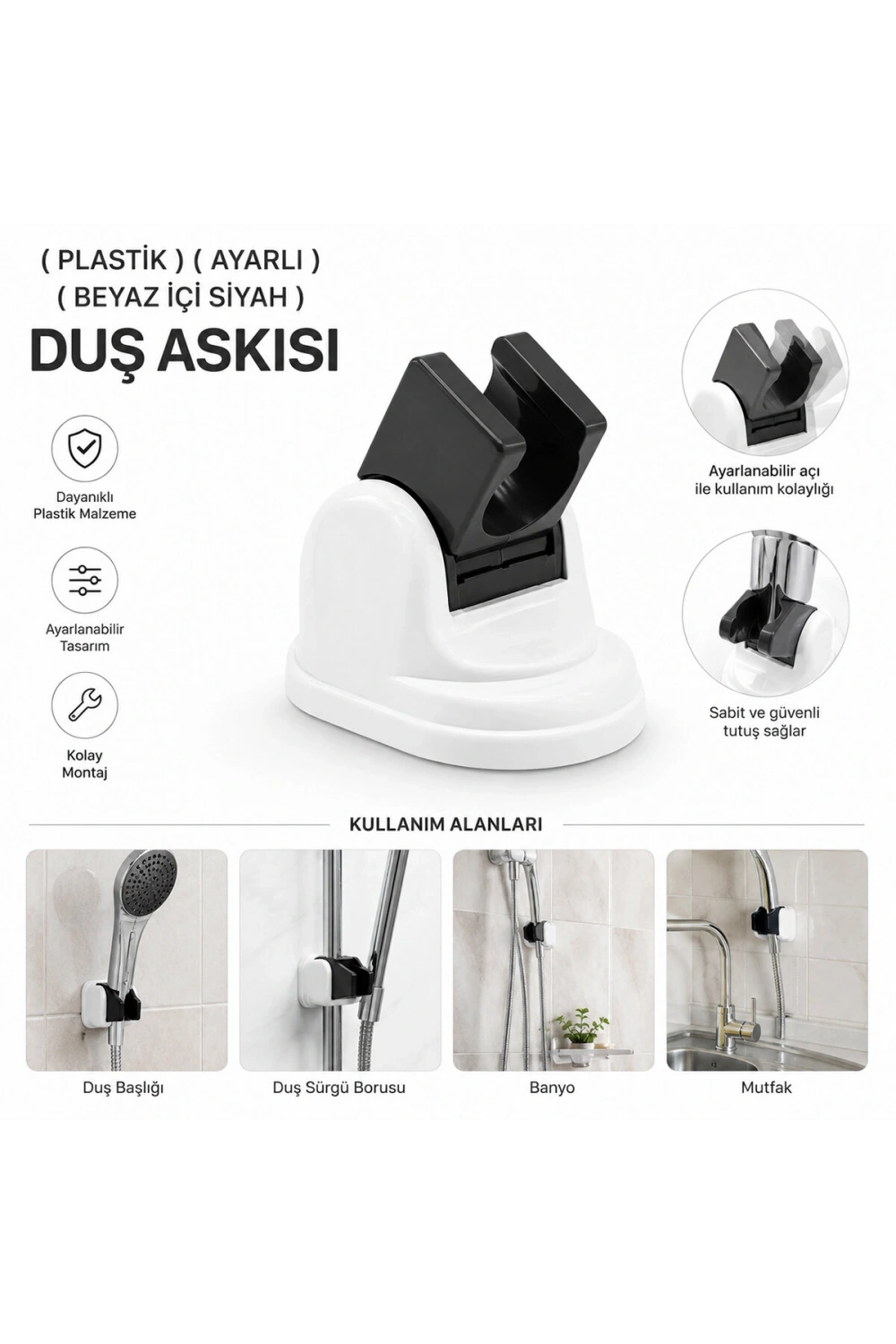 Egonex Ö.p.s ( Plastik ) ( Ayarlı ) ( Beyaz İçi Siyah ) Duş Askısı Mafsal*25x20