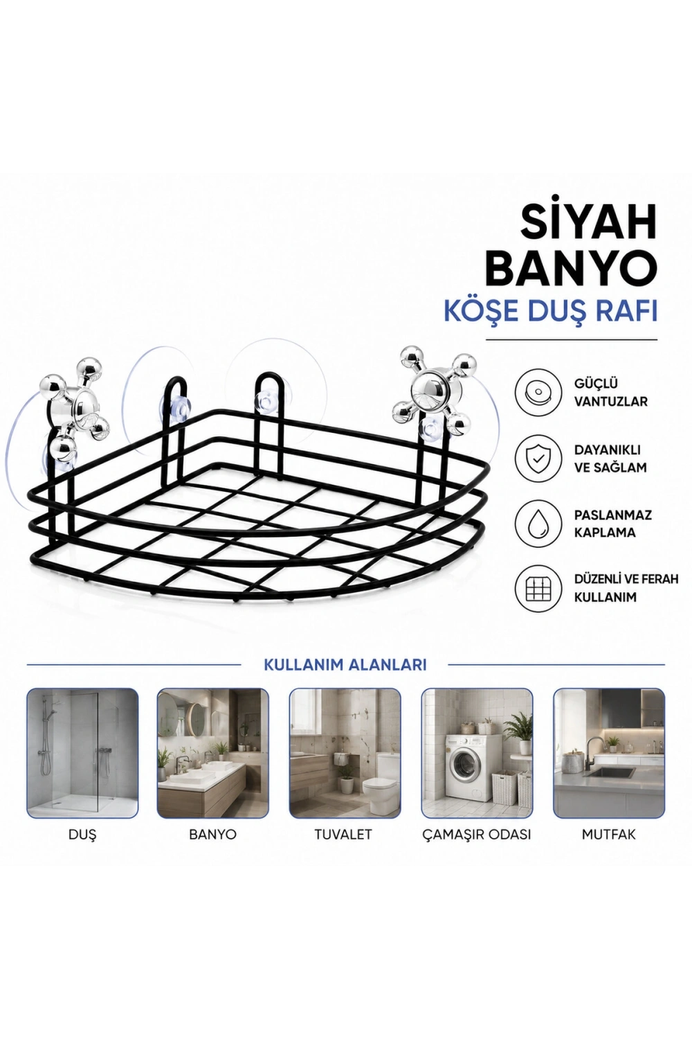 Egonex Orsa-921 ( Vantuzlu )  Çok Amaçlı Siyah Kare Banyo Raf Köşeli*12=k