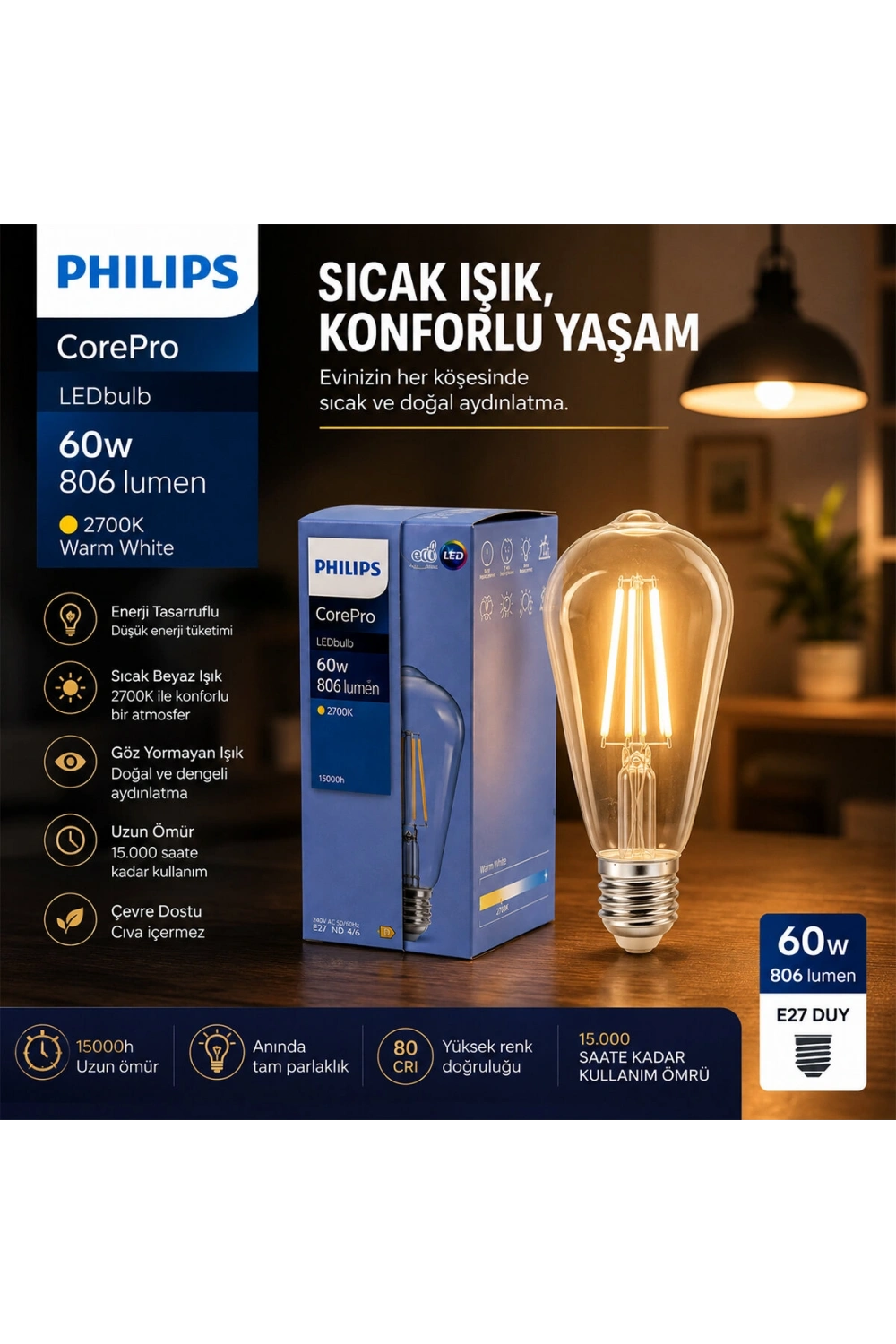 Egonex Phılıps-346758 00 Corepro St64 ( 2700k & E27 ) ( 7w = 60w & E27 ) ( Led Filament & Rustik Ampul ) Lamba ( 806 Lumen ) ( Cam Gövde )*10=k