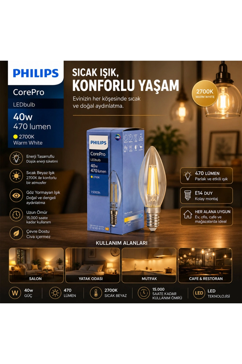 Egonex Phılıps-347267 00 Corepro ( 2700k & E14 ) ( 4.3w = 40w & E27 ) ( Led Filament & Rustik Ampul ) Lamba ( 470 Lumen ) ( Cam Gövde )*10=k