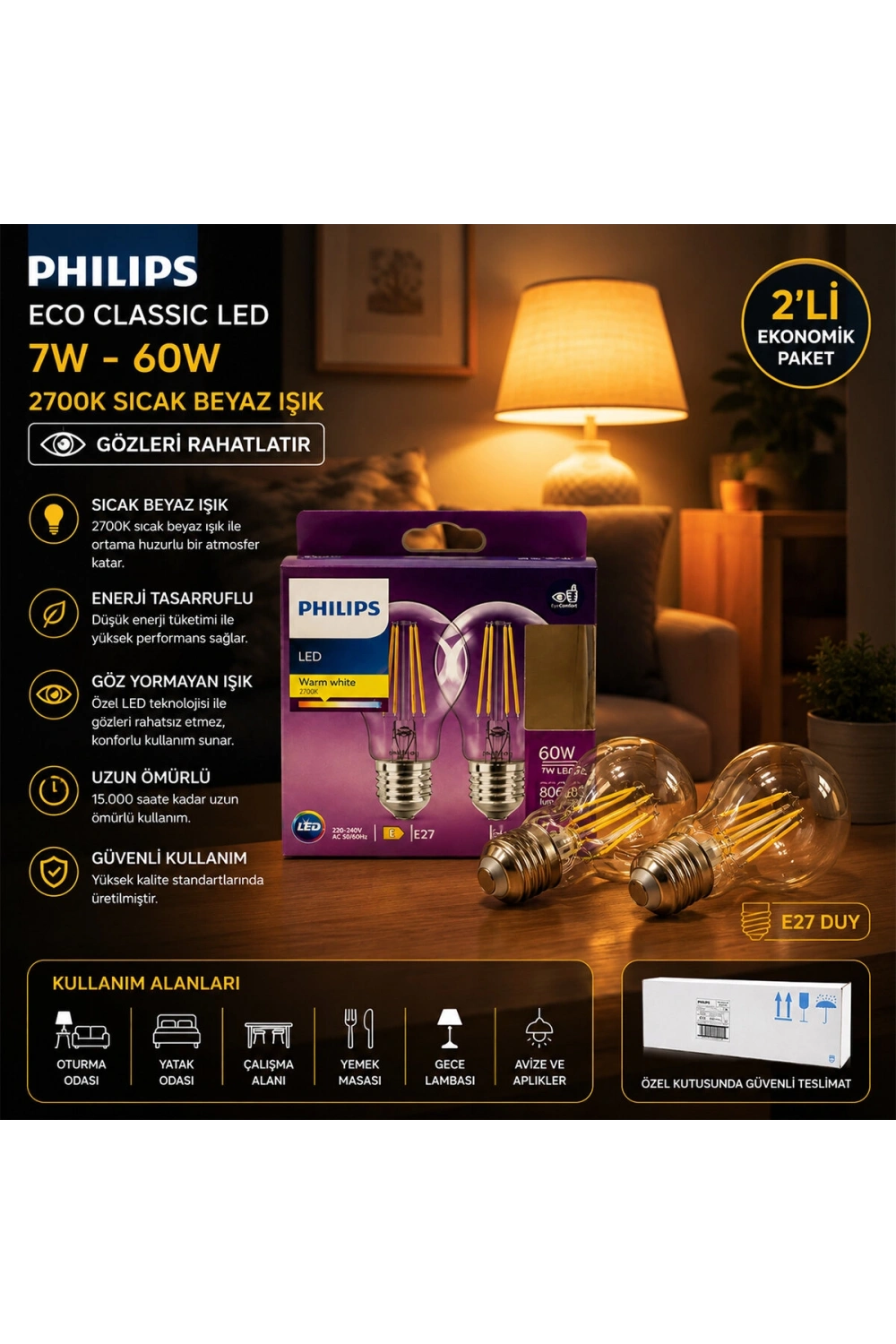 Egonex Phılıps Code-777739 00 (2 Pcs) (7w=60w & E27) (gold Color) (led Filament & Rustik Ampul) Lamba (806 Lumen) ( Cam Gövde )*6=k