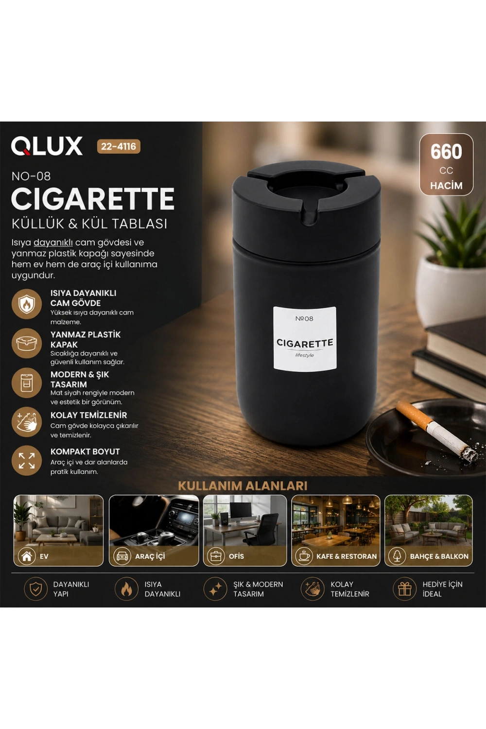 Egonex Qlux C-00570 ( 660cc ) ( Siyah Cam ) ( Siyah Plastik Kapak ) Küllük ( No-08 Cıgarette & Kül Tablası )*12=k