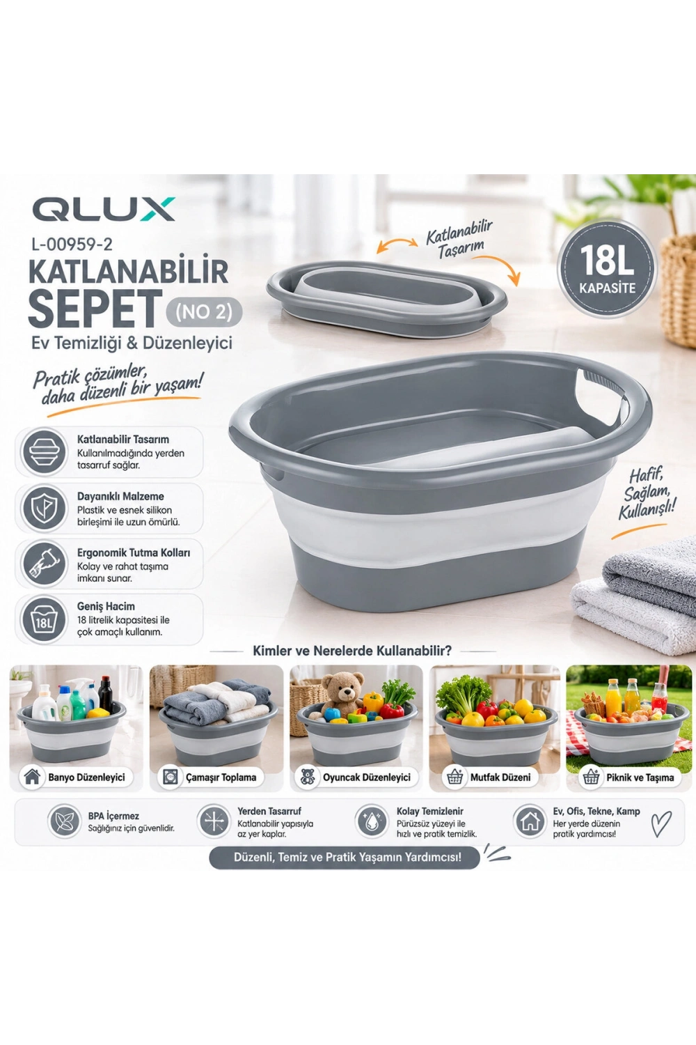 Egonex Qlux L-00959-2 ( No-2 ) ( 18lt ) ( Gri ) Katlanabilir Sepet*8=k