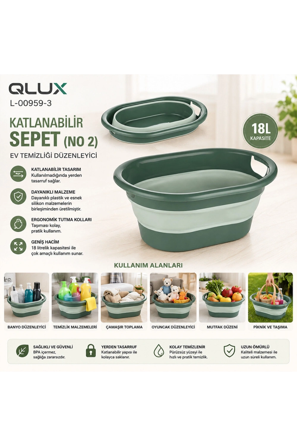Egonex Qlux L-00959-3 ( No-2 ) ( 18lt ) ( Yeşil ) Katlanabilir Sepet*8=k