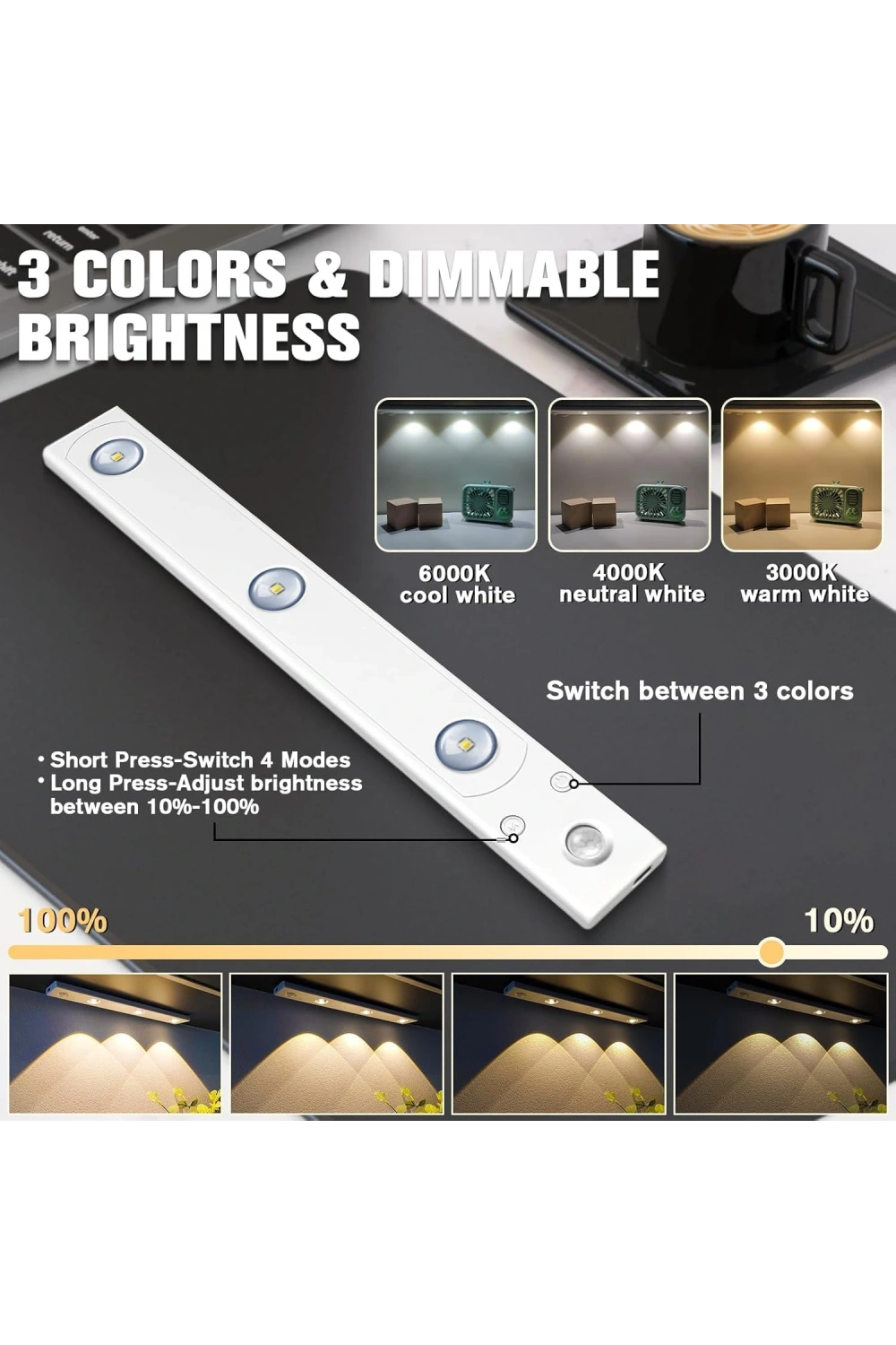 Egonex Sensörlü Şarjlı 3 Farklı Işık Renkli Dimmerli 40cm Ultra Slim Kabin Led