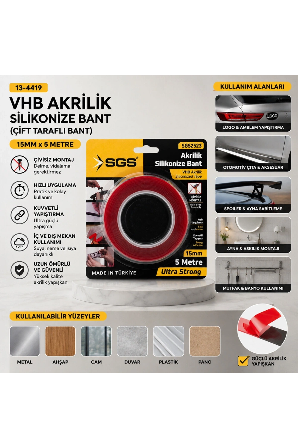 Egonex Sgs-2523 ( 15mmx5yrd ) Vhb Akrilik Silikonize Bant (çift Taraflı Bant)*40