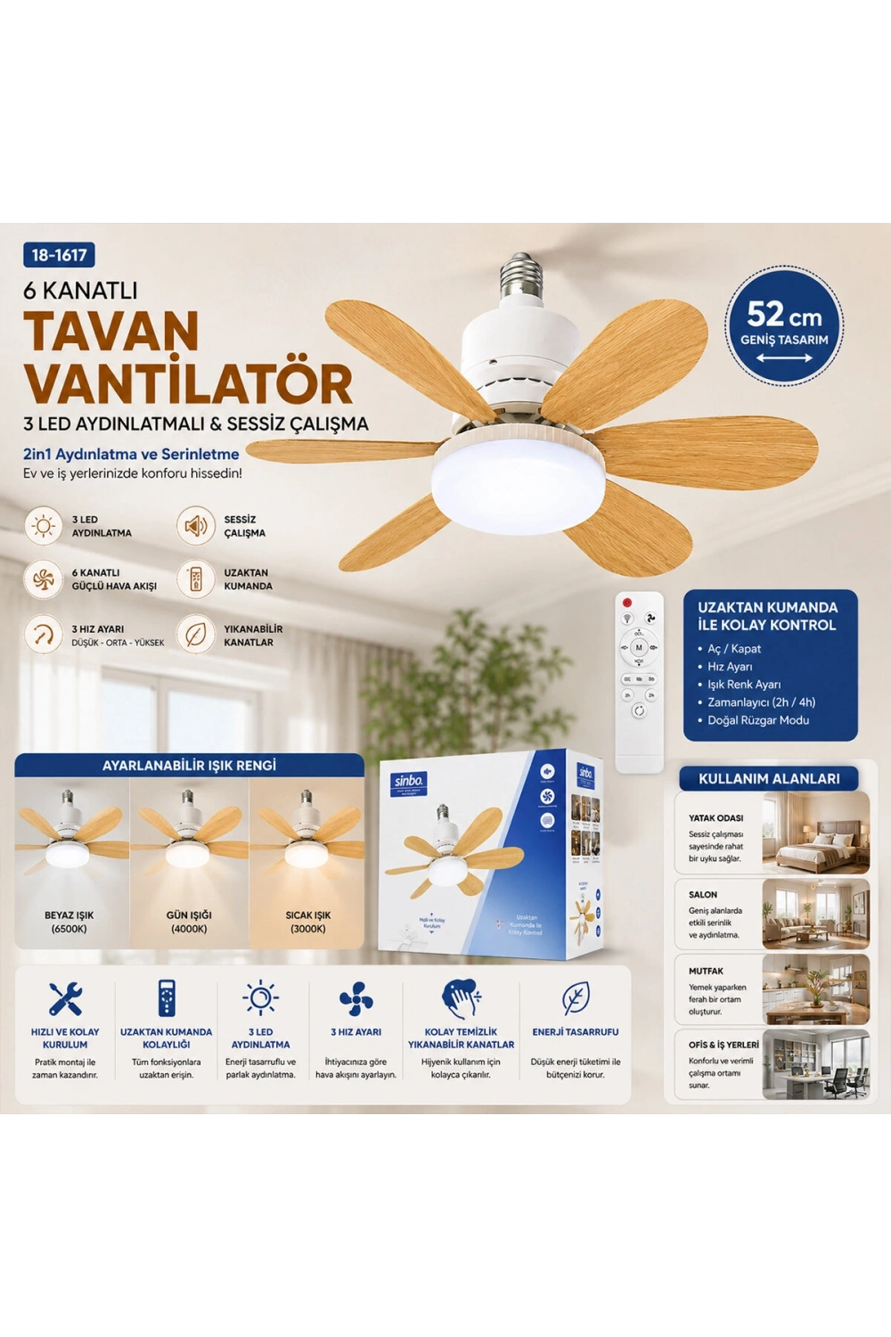 Egonex Sinbo Sf-7708 ( 2in1=tavan Vantilatör & Avize Lamba ) ( Kumandalı ) ( 52cm ) ( 6-ahşap Görünüm Plastik Kanat ) ( 3-kademe Hız )*6=k