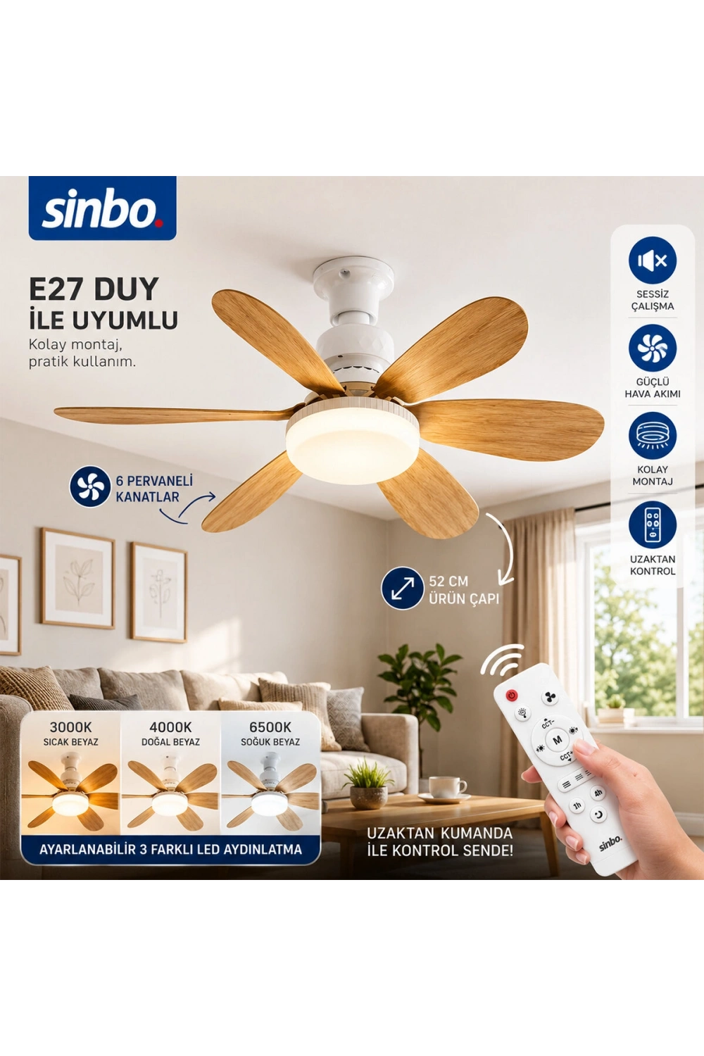 Egonex Sinbo Sf-7708 ( 2in1=tavan Vantilatör & Avize Lamba ) ( Kumandalı ) ( 52cm ) ( 6-ahşap Görünüm Plastik Kanat ) ( 3-kademe Hız )*6=k