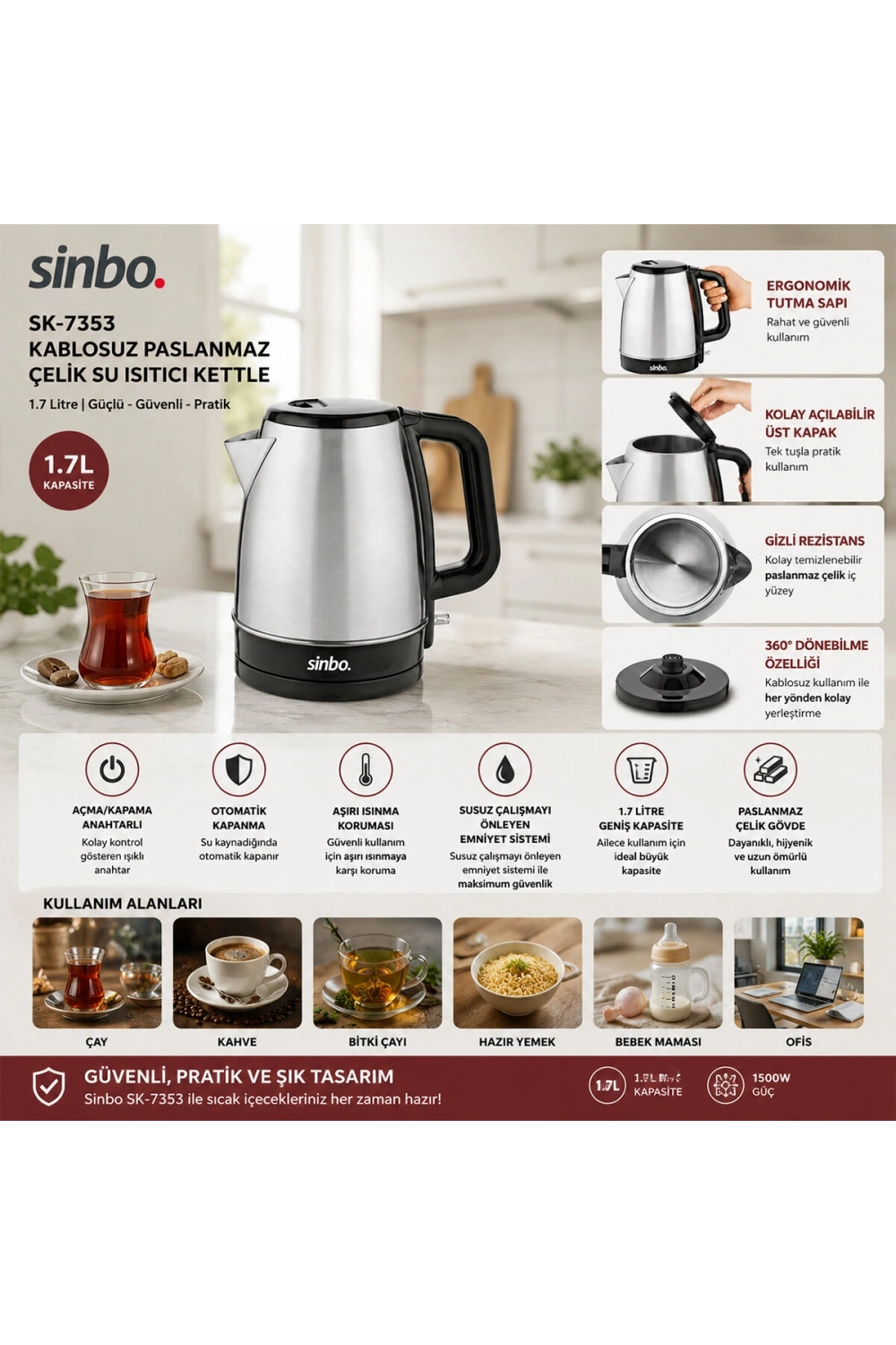 Egonex Sinbo Sk-7353 ( Paslanmaz ) Kablosuz Su Isıtıcı Çelik Kettle ( 1.7lt )*8
