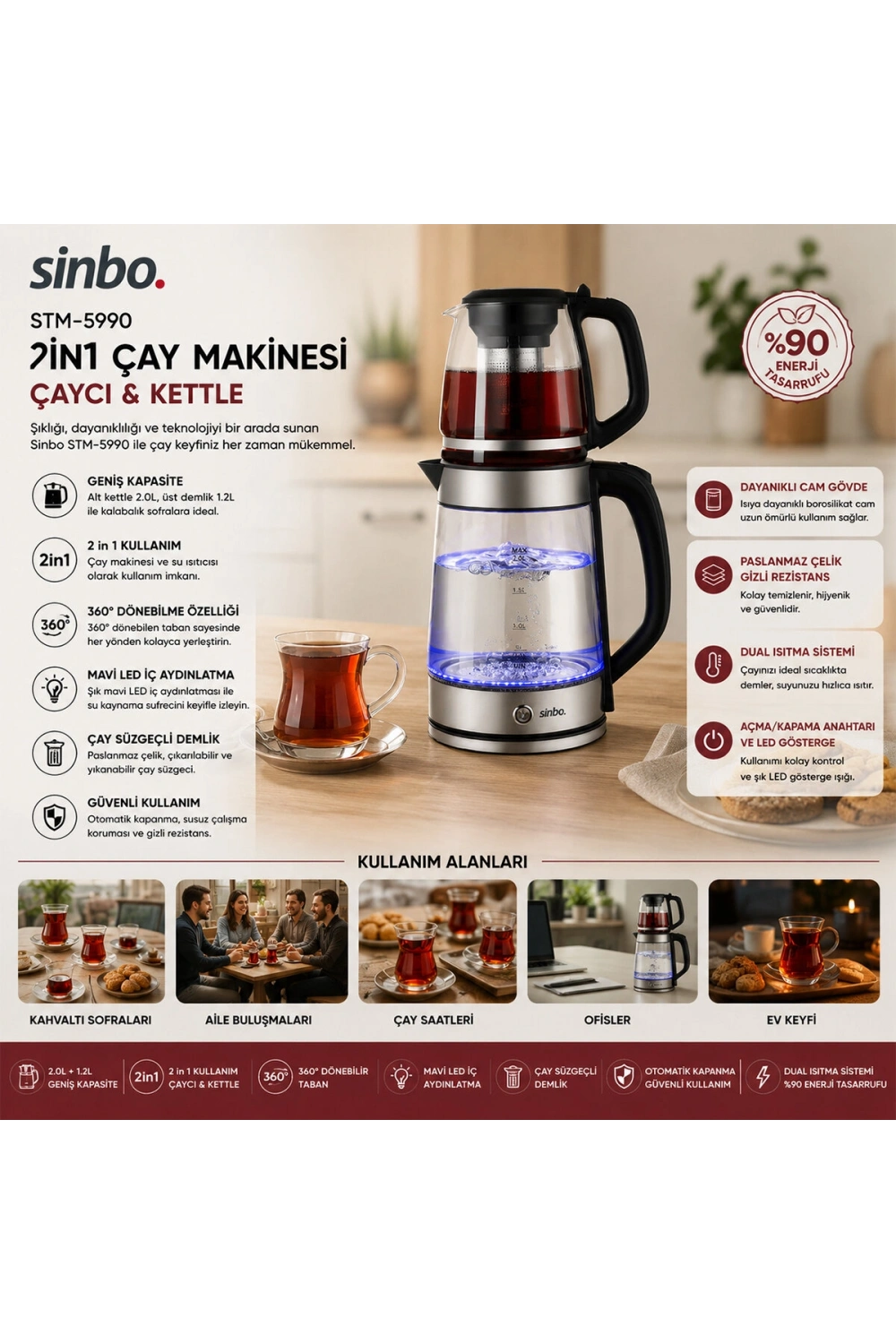 Egonex Sinbo Stm-5990 ( 2in1= Çaycı & Kettle ) ( Çelik ) Elektrikli Çay Makinesi ( 2lt + 1,2lt ) ( Çay Süzgeçli ) ( 360° Dönebilir )*4
