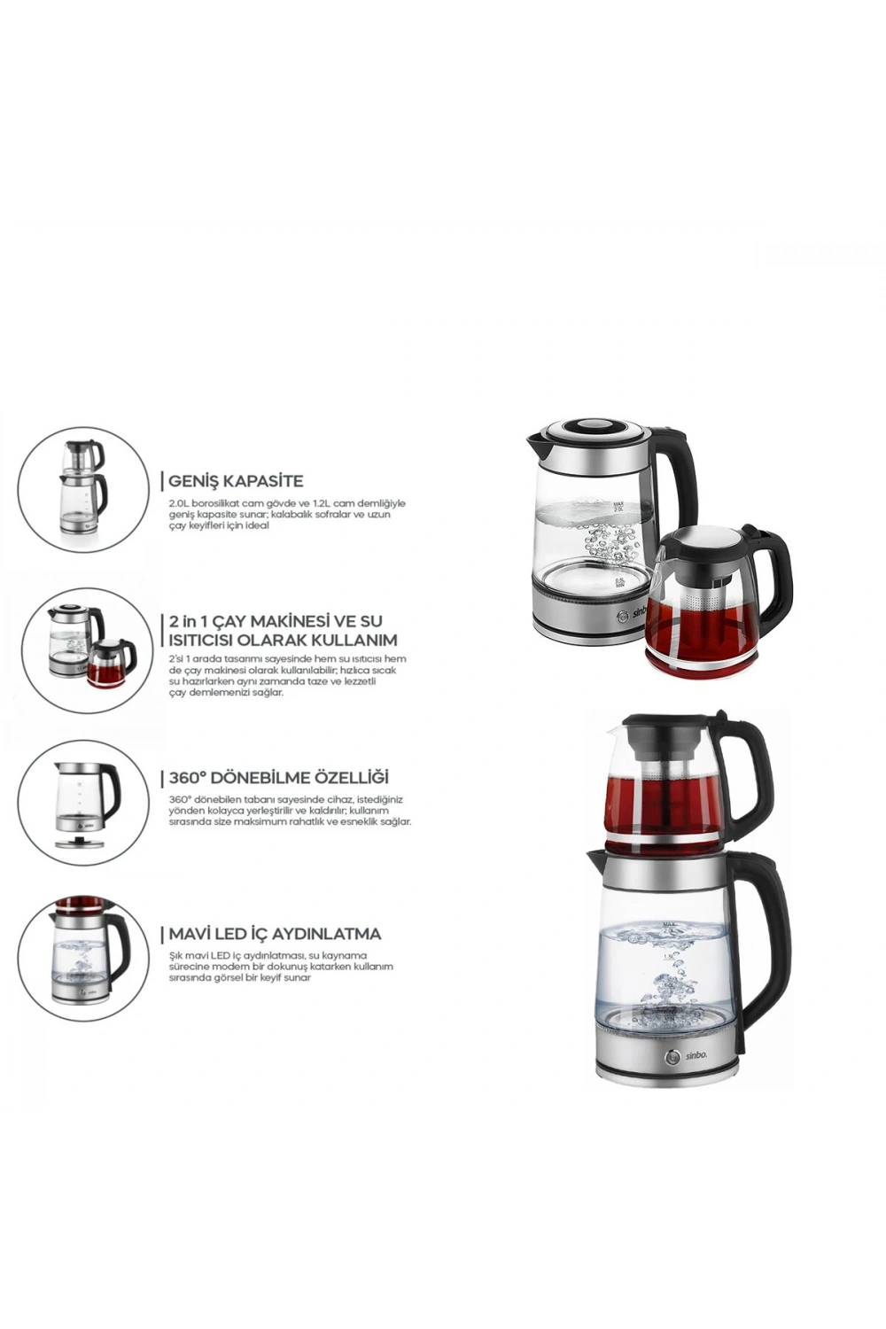 Egonex Sinbo Stm-5990 ( 2in1= Çaycı & Kettle ) ( Çelik ) Elektrikli Çay Makinesi ( 2lt + 1,2lt ) ( Çay Süzgeçli ) ( 360° Dönebilir )*4