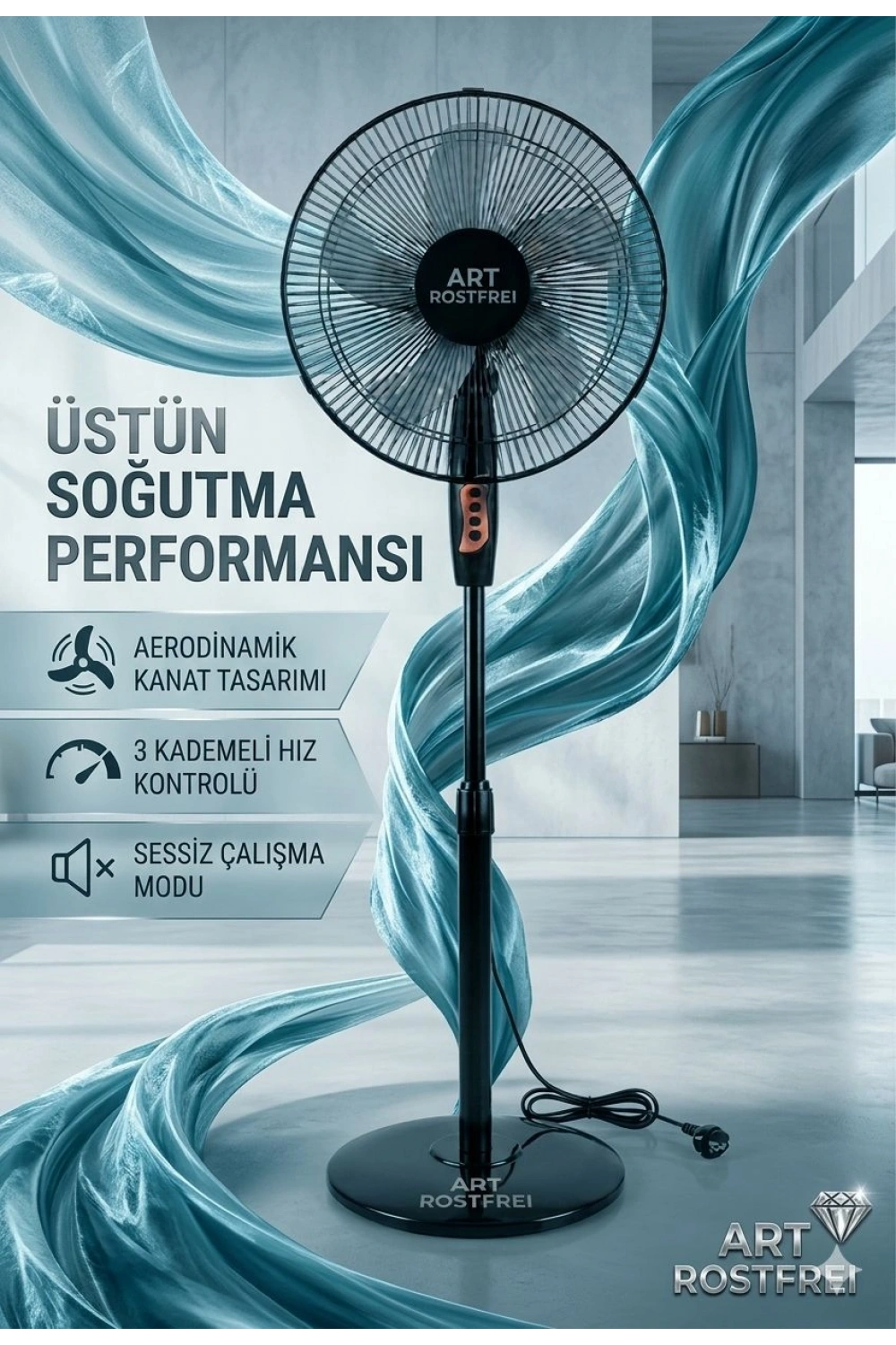 Egonex Siyah 16 İnç Ayaklı Vantilatör 3 Kademeli Yüksek Devirli Motor Hızı Kafesi 41cm