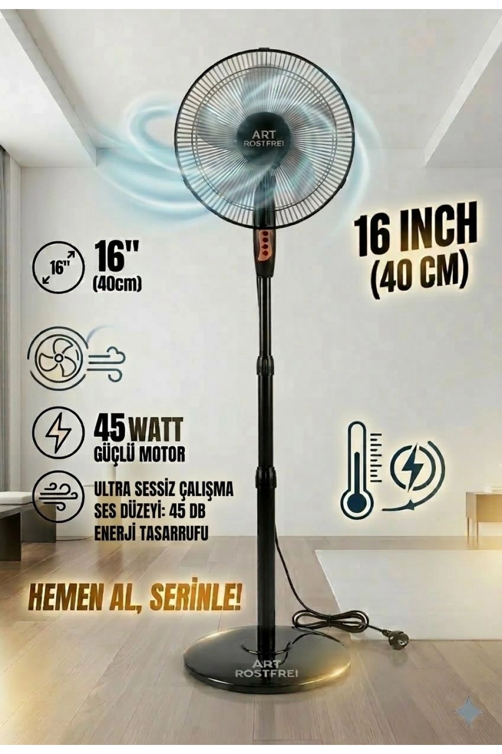 Egonex Siyah 16 İnç Ayaklı Vantilatör 3 Kademeli Yüksek Devirli Motor Hızı Kafesi 41cm