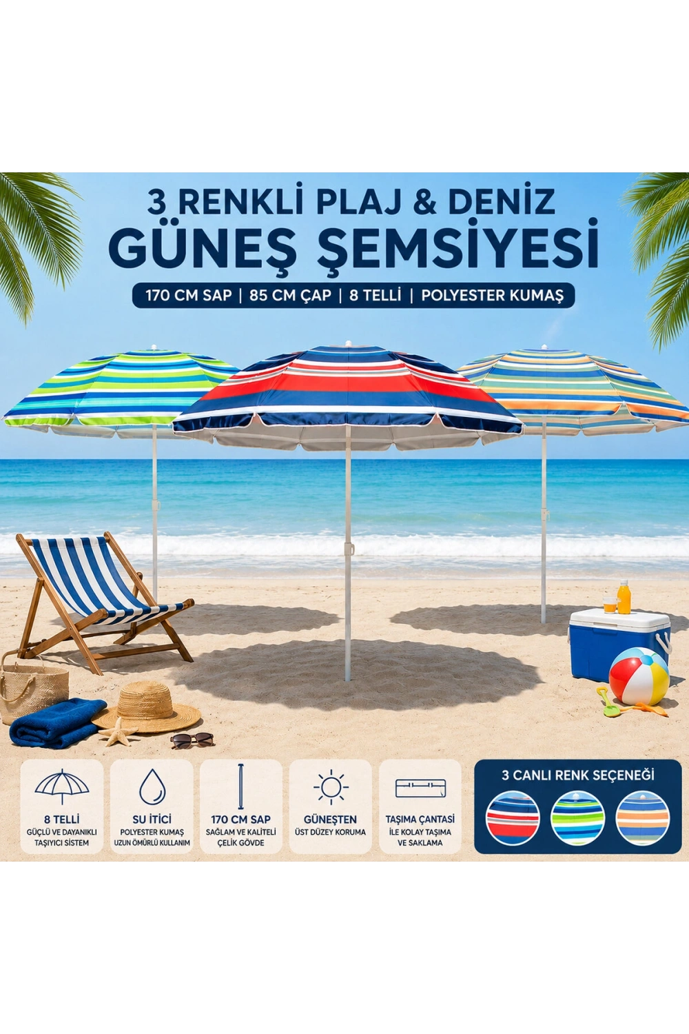 Egonex Skybelt Sky-121 ( 170cm Saplı ) ( Çap: 155cm ) ( Düz - Karışık Renk ) Plaj Şemsiyesi ( 8 Telli & Fıberglass ) ( Polyester Kumaş )*24=k