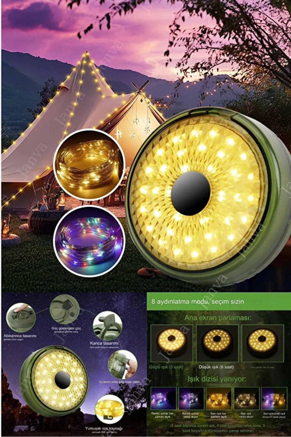 Egonex Solar Şarjlı 10 Metre Led Kamp Lambası Işıldak Fener Dekor Yıl Başı Süsü Perde Peri Şerit Kamp OR-8208