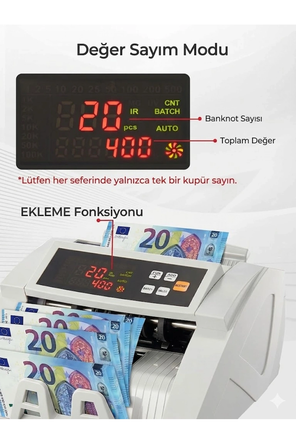 Egonex TL, USD, EUR Kaışık Para Sayma Makinesi Geçersiz Para Tespit Özellikli