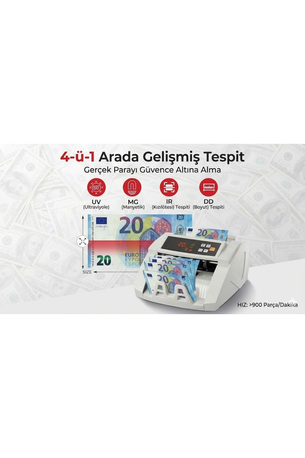 Egonex TL, USD, EUR Kaışık Para Sayma Makinesi Geçersiz Para Tespit Özellikli